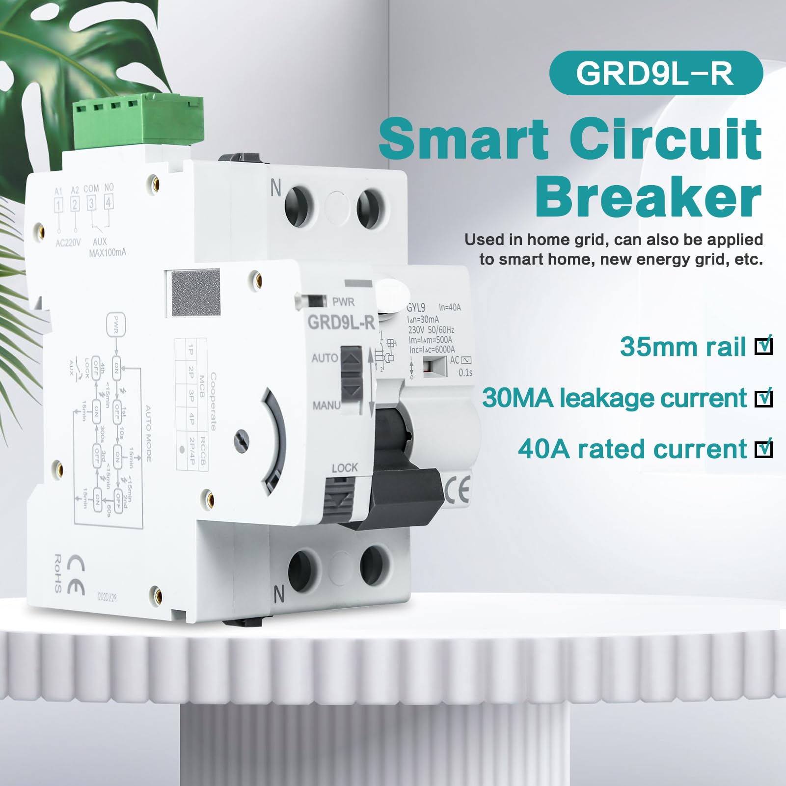 Interruttore Differenziale Riarmo Automatico 40A 30MA 2P Salvavita Riarmo Automatico MCB/RCCB 15 Min Automatica Riarmo RS485 Telecomando Nessuna Operazione Manuale Richiesta.