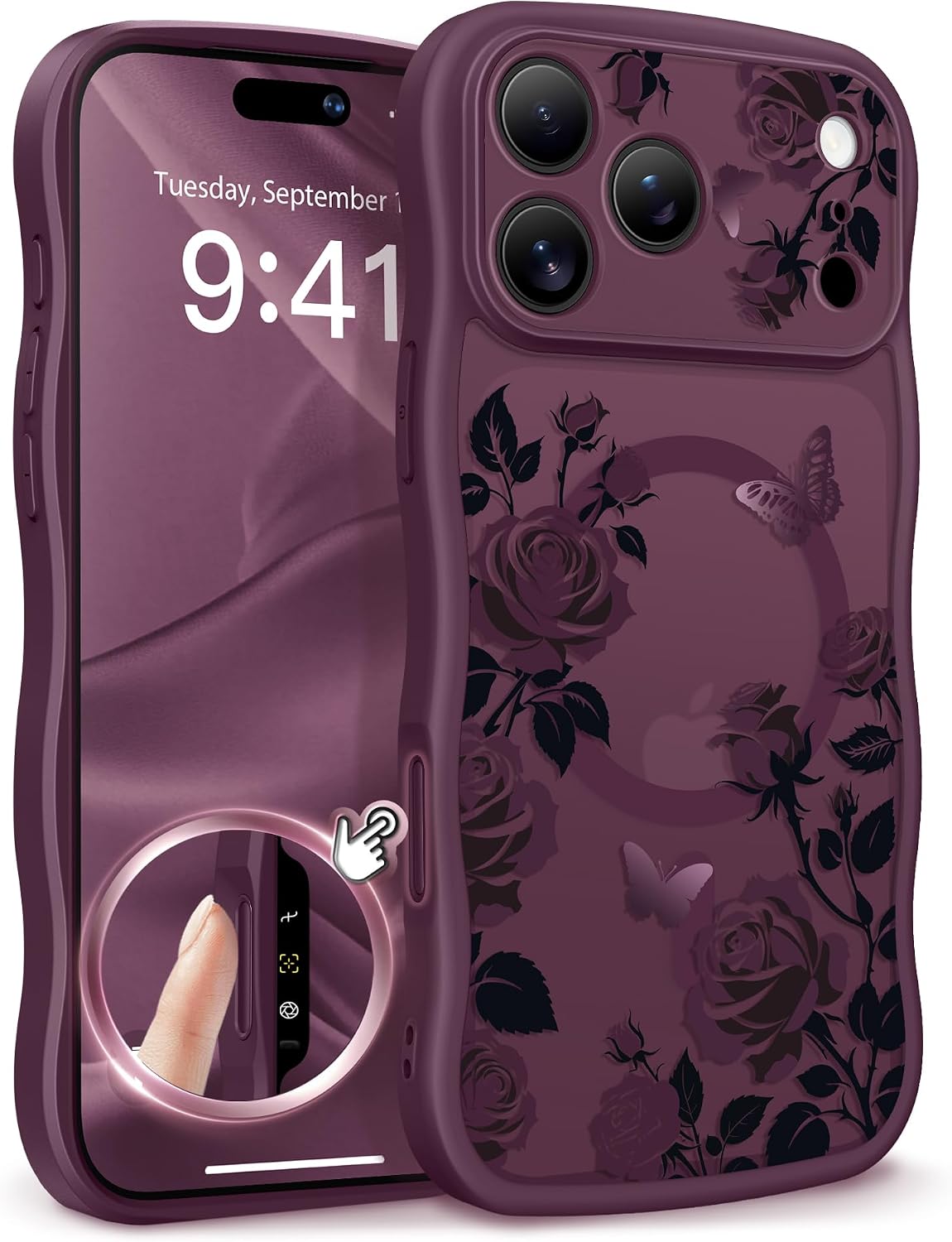  for iPhone 17 Pro Max Case Compatible with MagSafe Curly Wave Edge | Full Camera Protection, Floral Translucent, Shockproof Magnetic, Women Phone Case for 17 Pro Max, Eglantine/Dark Cherry
