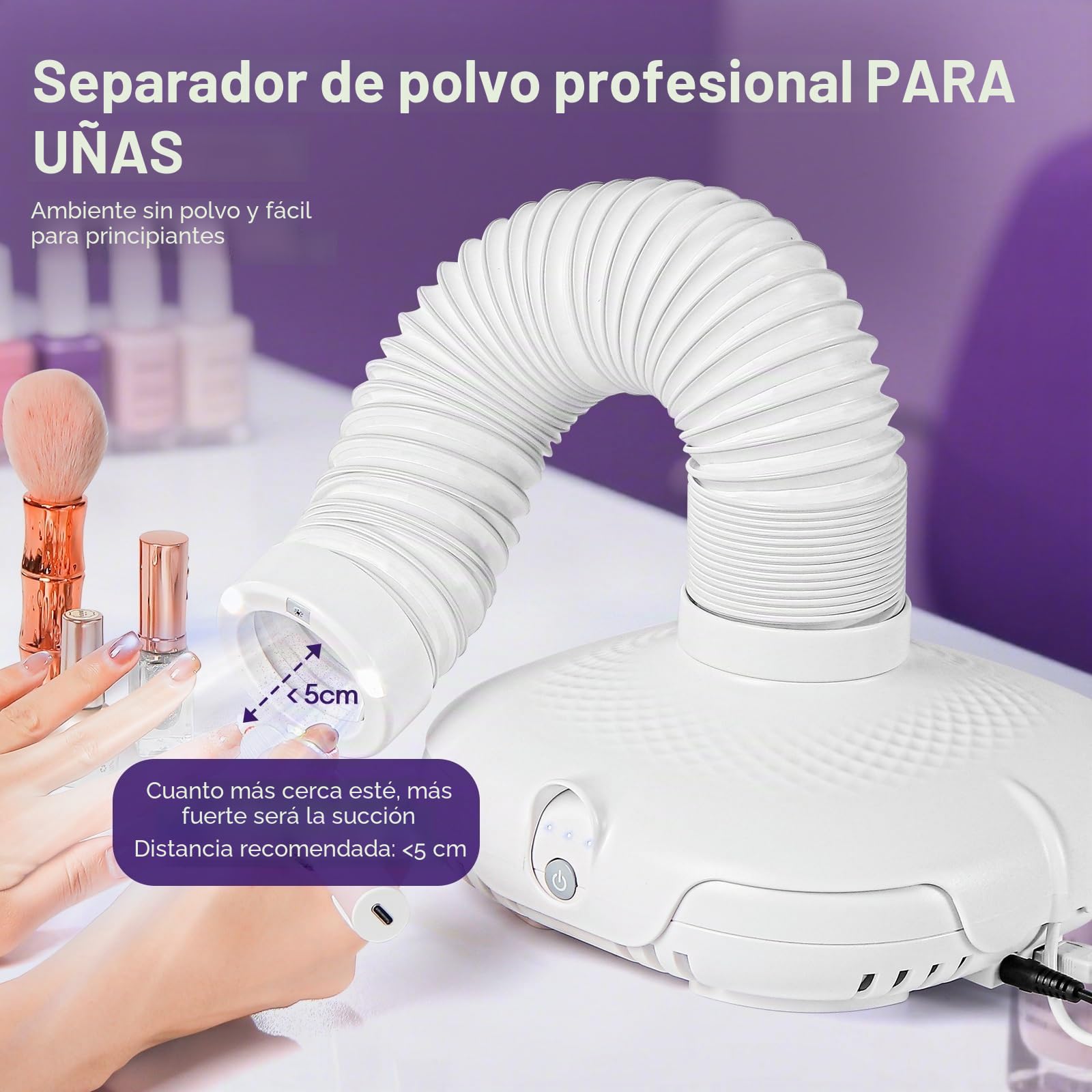 130 W máquina de recogida de polvo de uñas con luz LED y tubo flexible de 360°: succión ajustable en 3 niveles, ultra silencioso para manicura sin polvo, pedicura