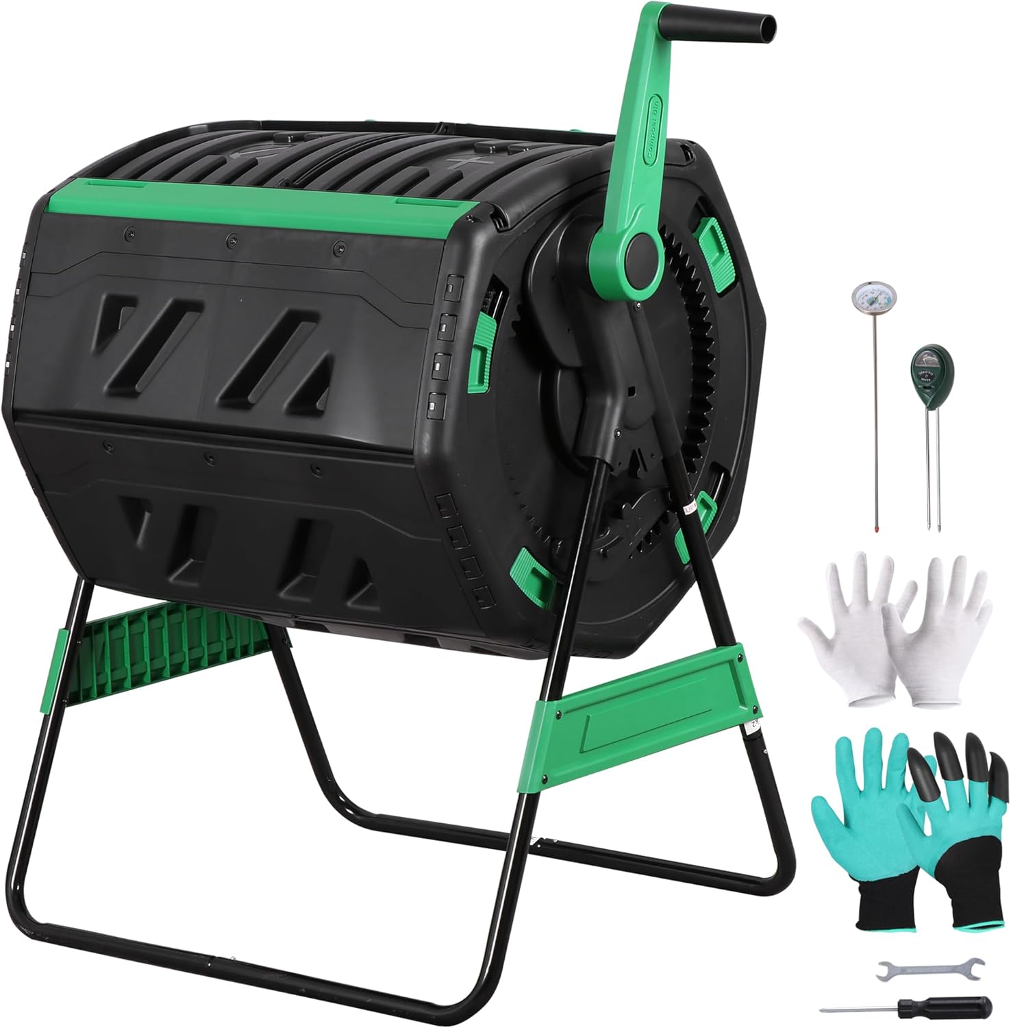 JupiterForc Compost Bin 53 Gallon Dual Chamber Compost Tumbler, Outdoor Tumbling Rotating Composter with Soil Tester, Compost Thermometer & Garden Gloves for Backyard Garden