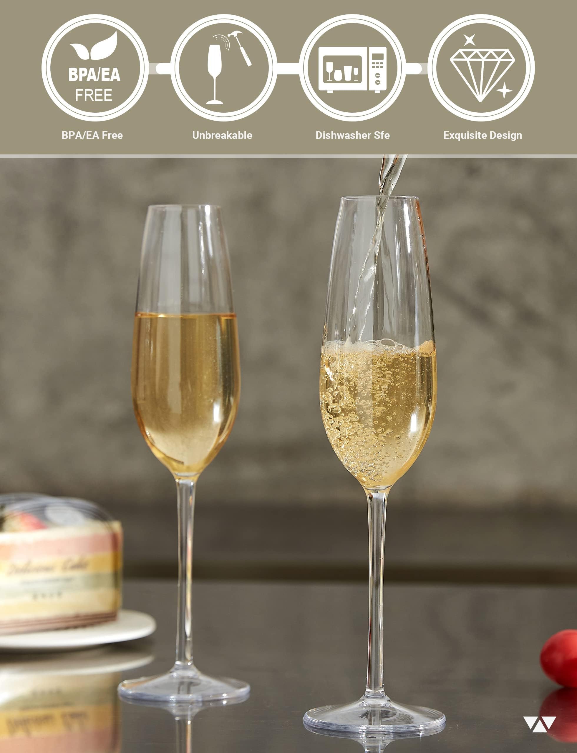 MICHLEY Juego de 2 copas de champán con tallo de 7.6 onzas, copas de champán de 7.6 onzas, irrompibles, de plástico Tritan para vino, regalos de boda