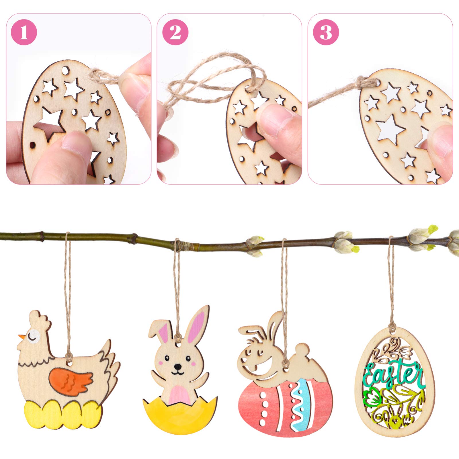 TOYANDONA 48 Pcs Wood Slice Ornaments Unfinished Wooden Egg Bunny Chicken Shape Crafts with Holes Tags Wooden Cutouts for Easter Party Supplies - Image 2