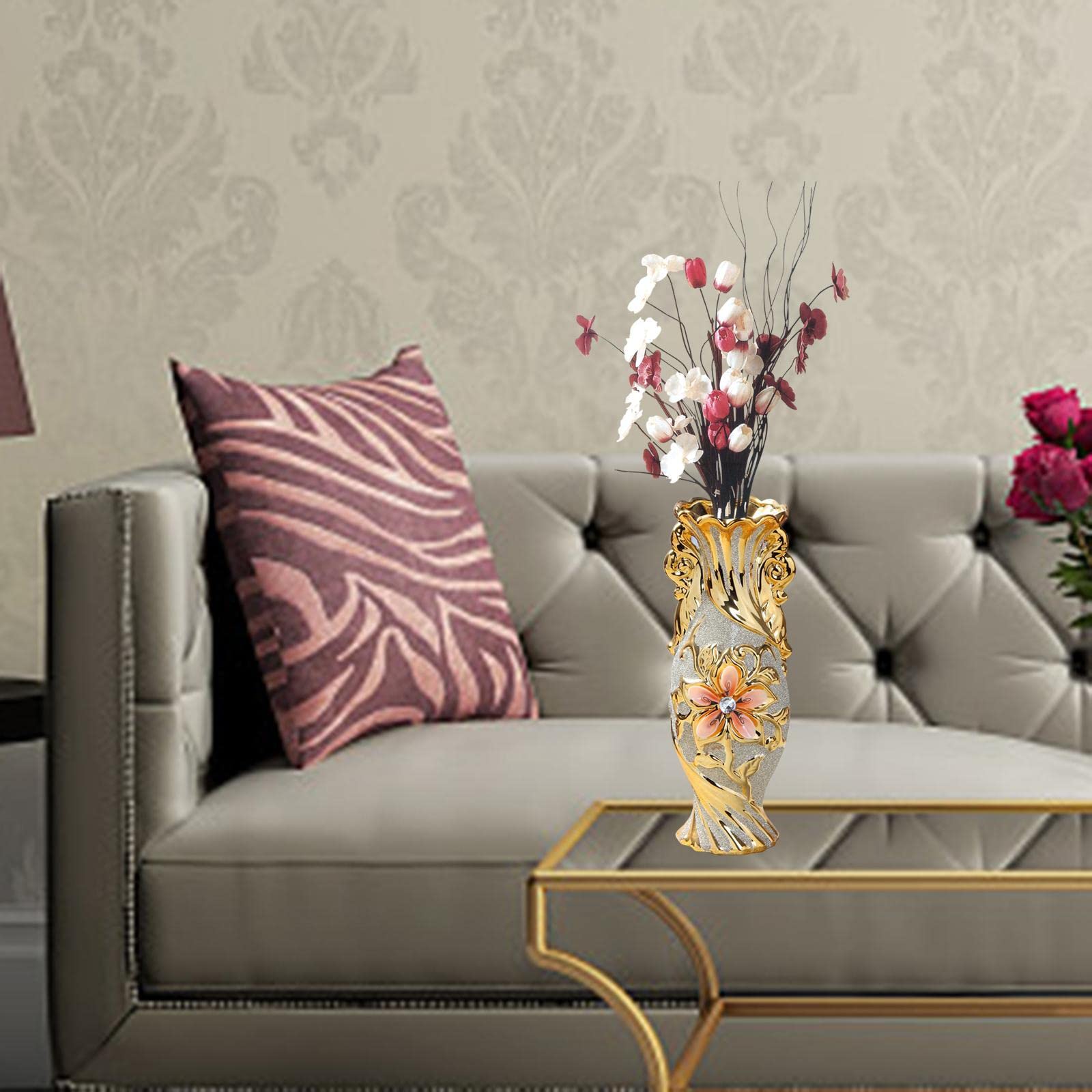 Keramikvase Europäischer Stil Blumenvasen Deko Ornament Tischdeko Goldene Muster Eleganz Aus für Hochzeit Geschenk Wohnzimmer Büro Café Bar Re, Stile