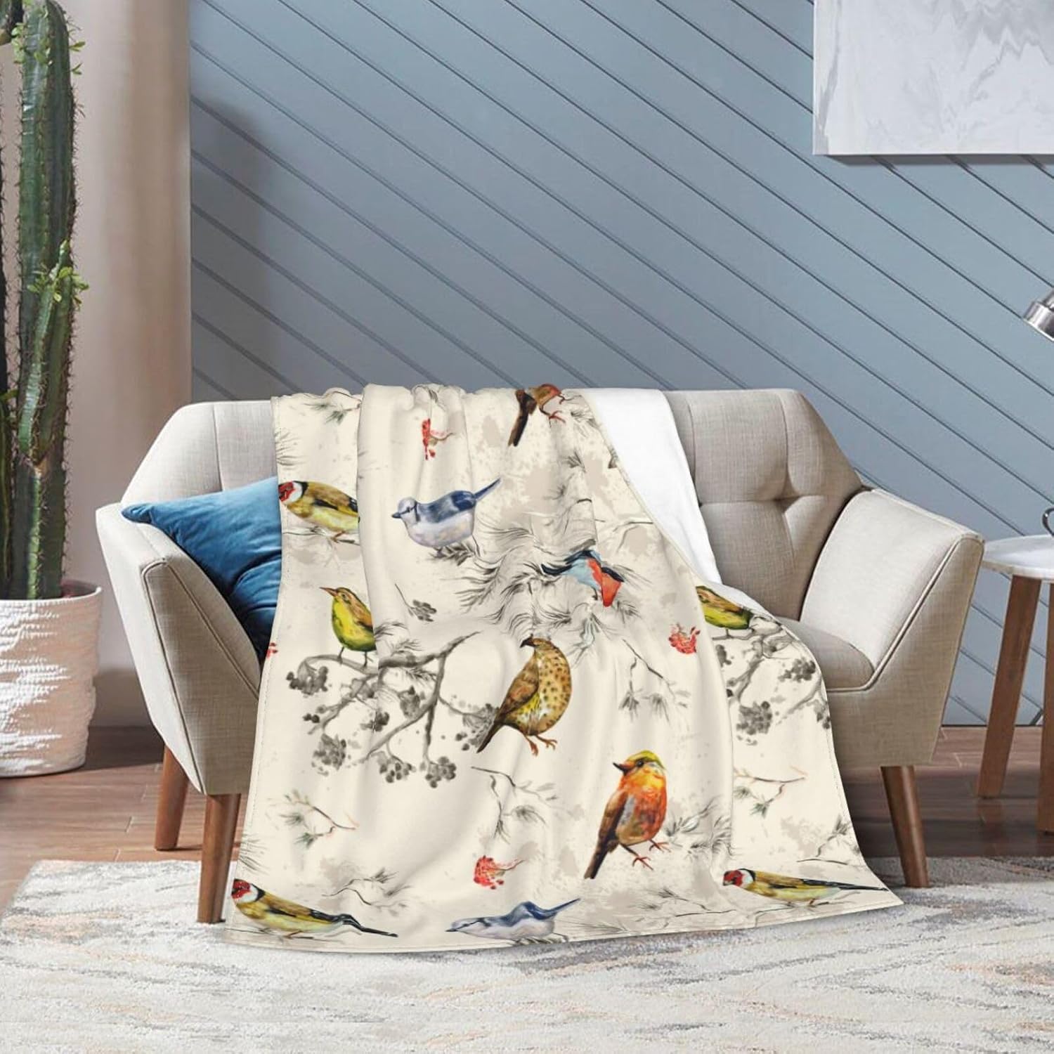 Vintage Cute Bird Blanket Soft Lightweight Throw Blankets Cozy Flannel Bed Throws for Sofa Couch Travel Home Room Bedroom Decor Gifts for Girls Boys Kids Adults 50"x40"