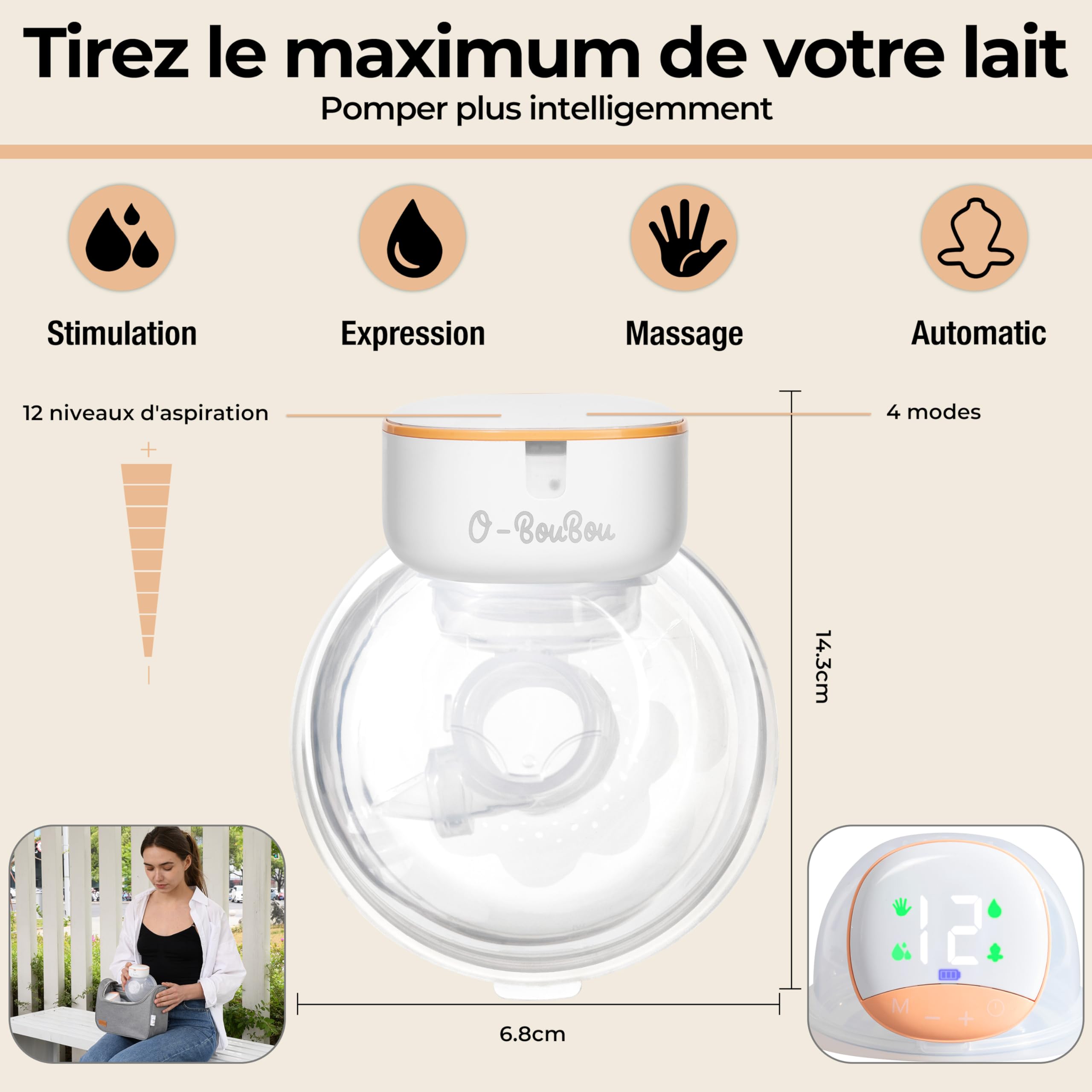 2 x Tiralatte Elettrico senza BPA - Tiralatte Elettrico Indossabile a Mano Libera in Silicone Con Batteria a Lunga Durata - 12 Livelli e 4 Modalità - Flange da 24 mm + 4 Inserti Flange (19/21 mm)