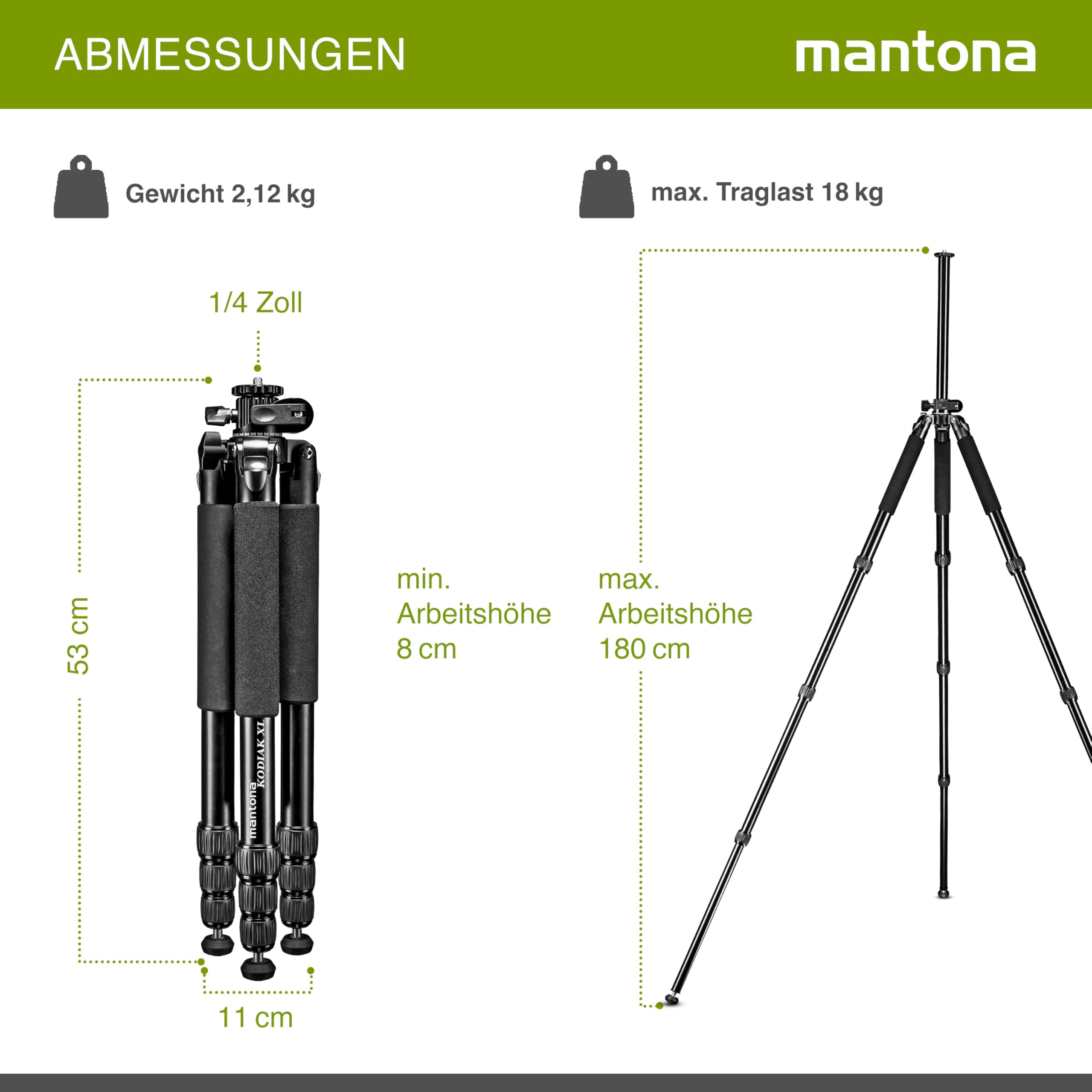 Mantona Kodiak XL - Treppiede per foto in alluminio, portata fino a 18 kg, regolabile in altezza fino a 180 cm, tripod con colonna centrale di 180°, treppiede stabile con accessori versatili