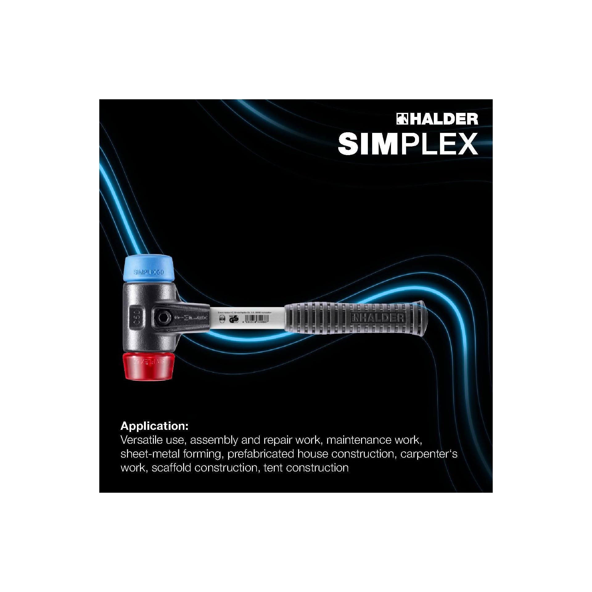 Halder 3716050 "Simplex" TPE-Soft/Plastic Soft-Face Mallet with Reinforced Cast Steel Housing, Multi-Colour, 50 mm - Image 3