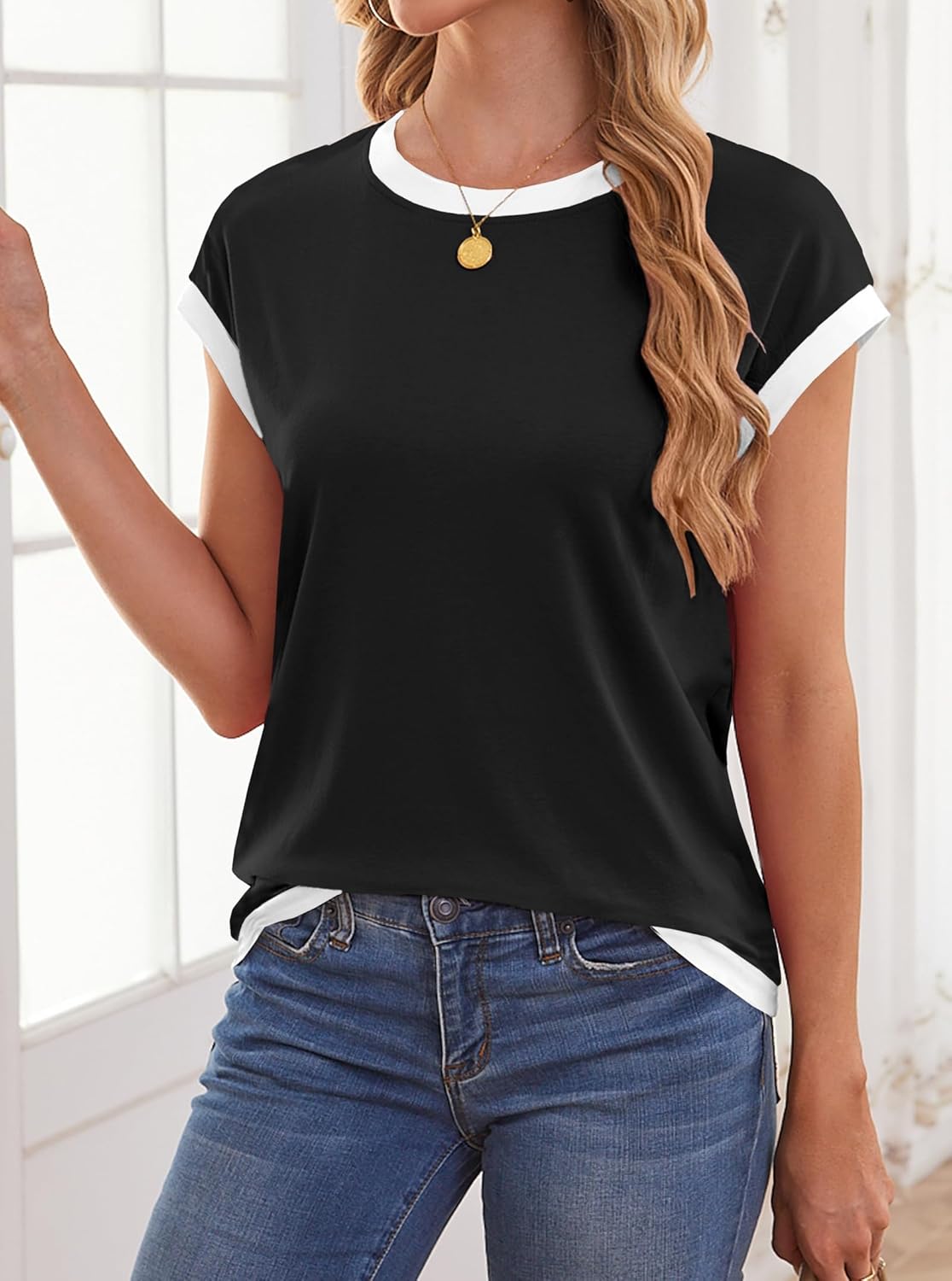 LilyCoco Womens Ringer Short Sleeve Shirts Summer Casual Basic Loose Fit Tops - Image 2