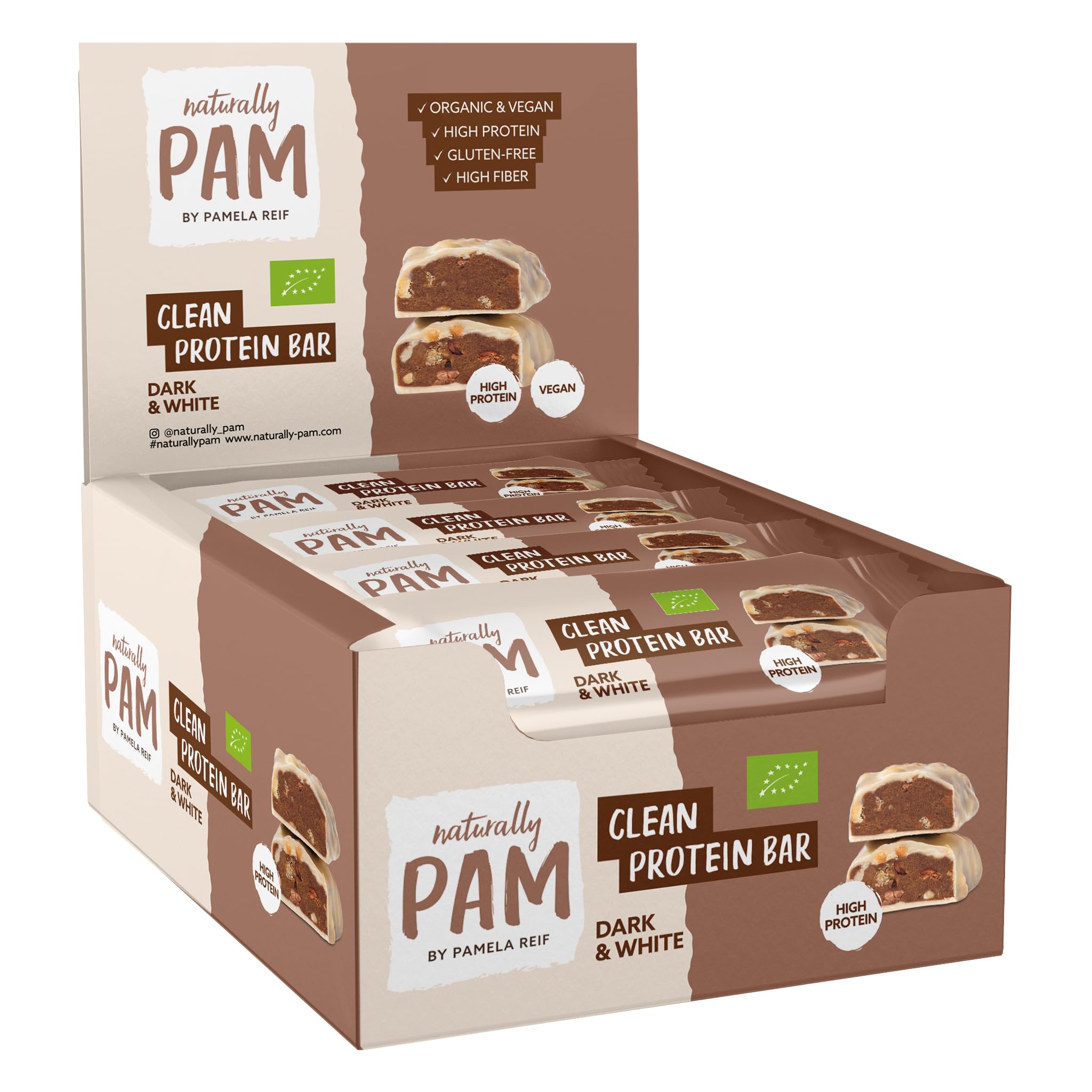 Naturally Pam Clean Protein Bar | High Protein Eiweißriegel Snack | veganer Proteinriegel | Dark & White – 12 x 45g