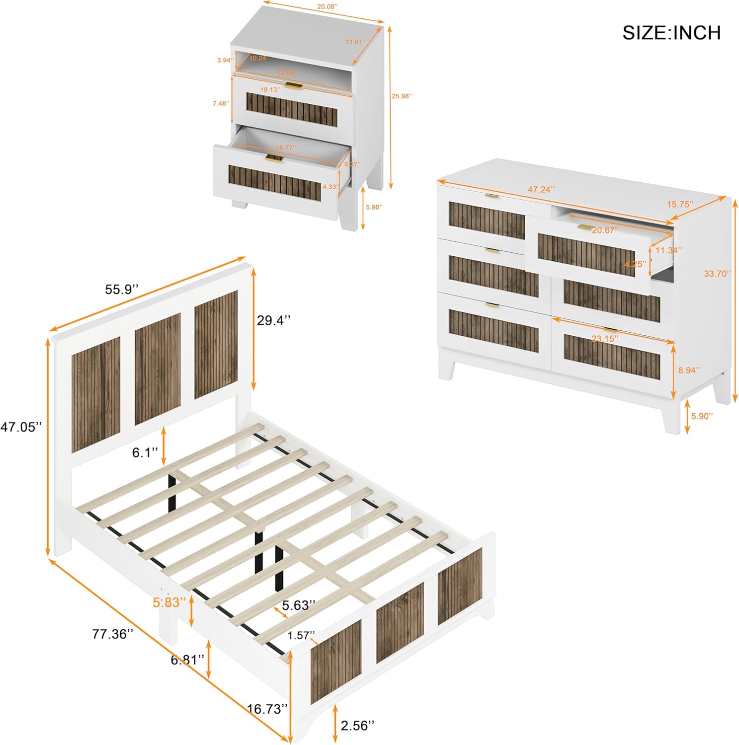 4 Pieces Bedroom Sets Full Size Farmhouse Platform Bed with Wooden Strip Decoration, 2 Storage Nightstands and A 6-Drawer Dresser with Metal Handle for Kids Teens Adults - White