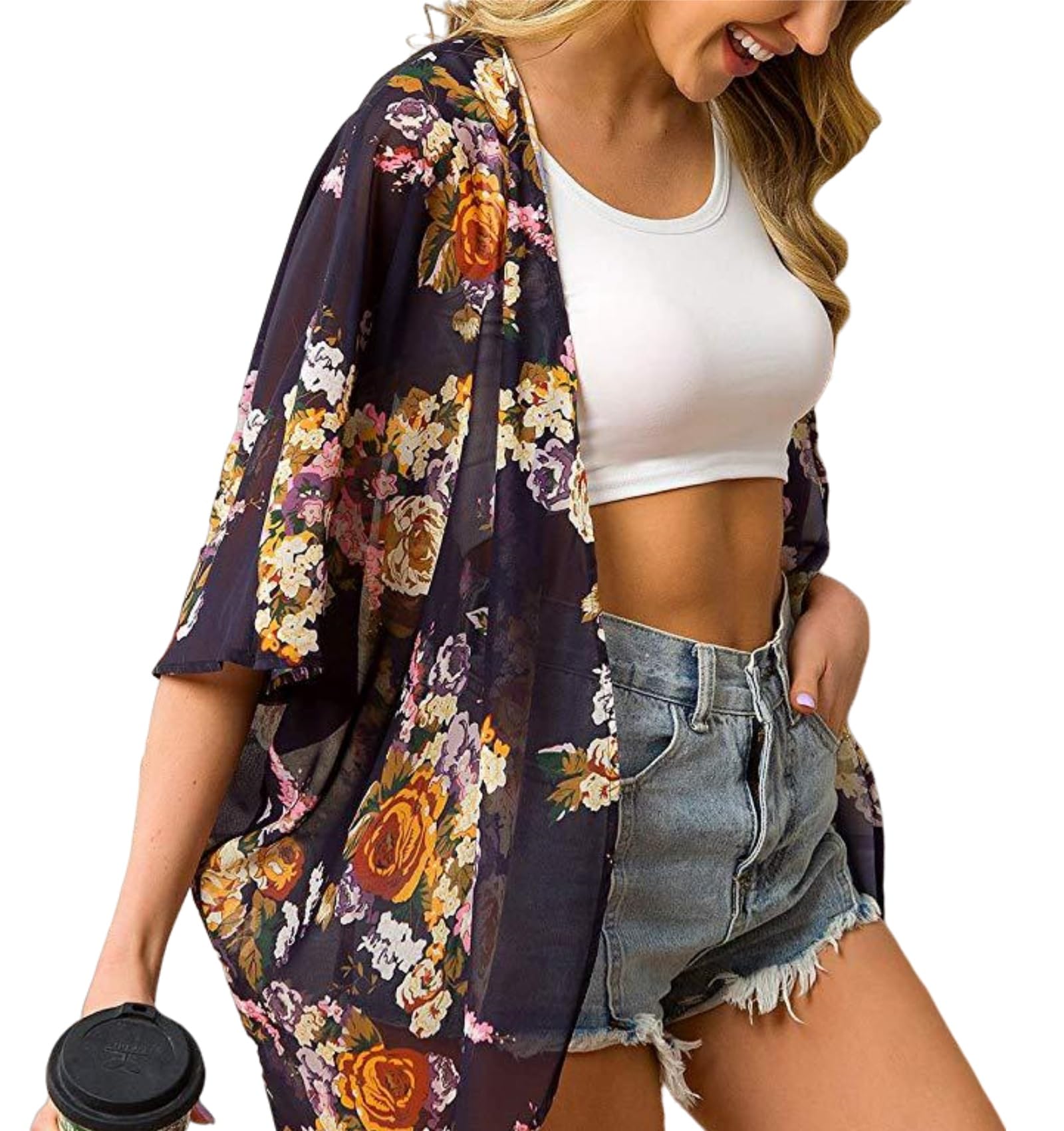EIRUKON Cárdigan Mujer Largo Verano 3/4 Mangas Chal Ligero de Gasa Kimono Impreso Bikini Cover Up para Playa La Natacion