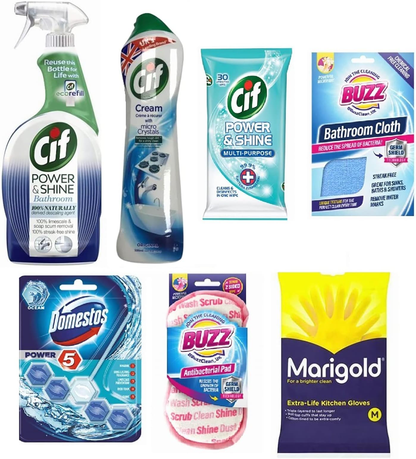 Cif, Domestos & Marigold Anti Bacteria Cleaning products with Scower, Microfibre Cloth, and Medium Gloves - Bathroom Cleaning Products Kit