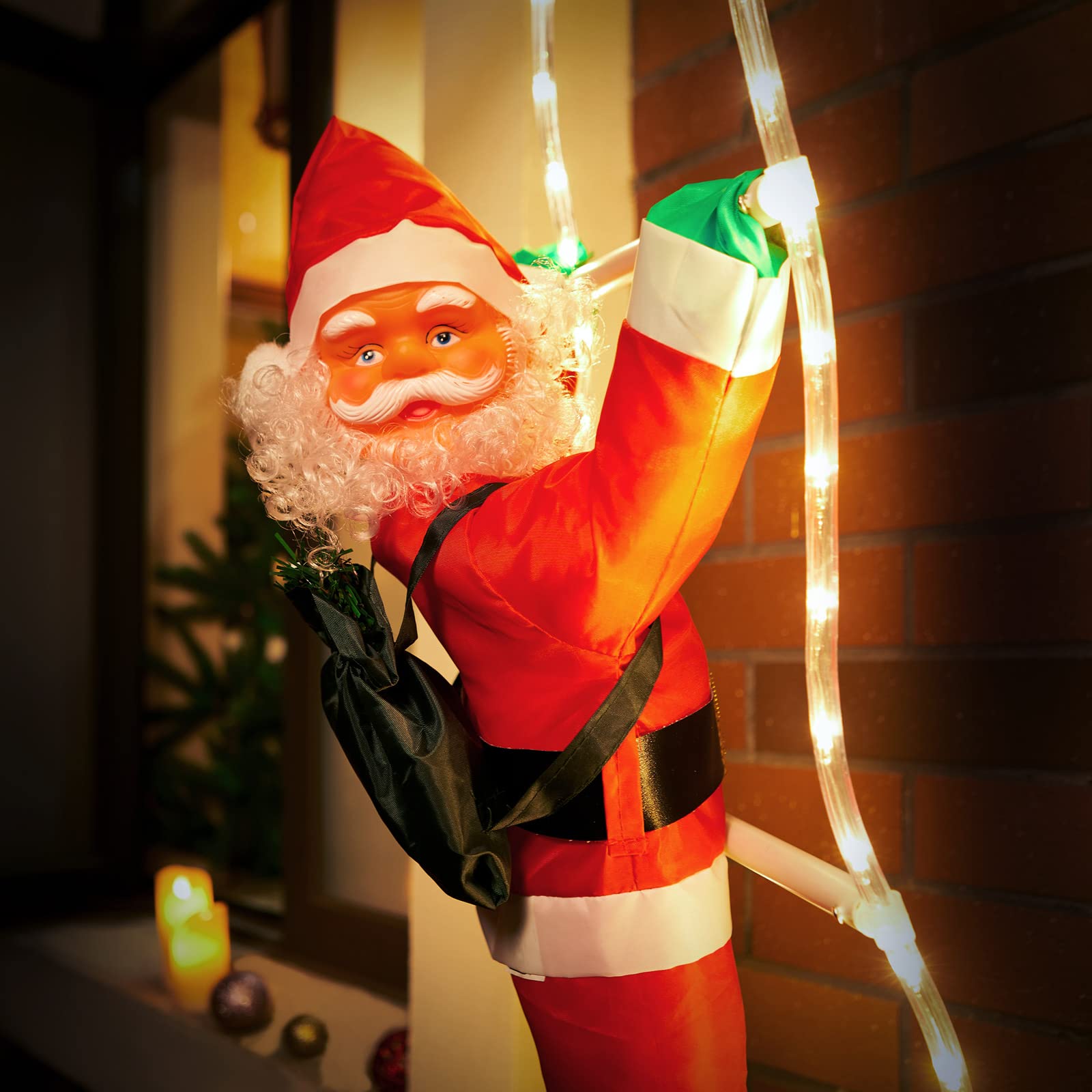 MONZANA® Babbo Natale con LED sulla Scala XL 90cm Timer 8 Modalità Luminose per Interni ed Esterni Decorazioni Natalizie