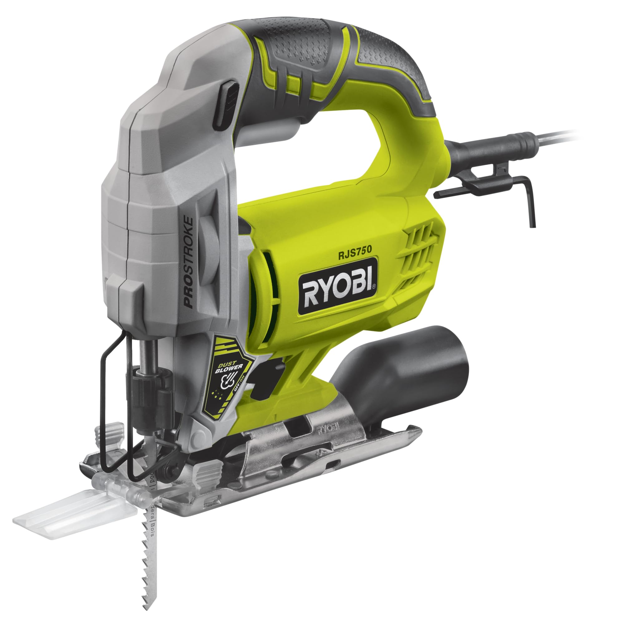Ryobi Seghetto Alternativo Pendolare a Filo 500W, Corsa Lama 19 mm, Profondità Taglio 75 mm, 3000 corse/min, Attacco Lama Tool-Less, RJS750-G