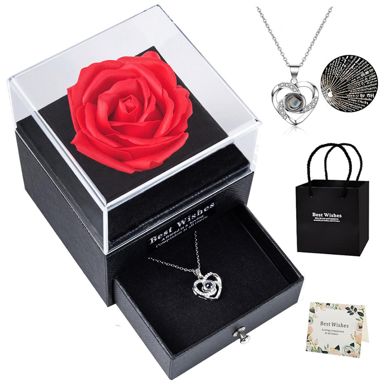 Coffret Rose Éternelle Rouge Avec Collier Cœur 'Je T'aime' En 100 Langues - Cadeau Romantique Saint-Valentin, Noël Pour Elle