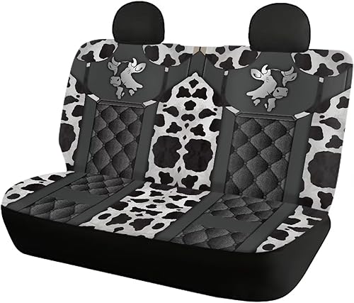 Miniatura 2 de Howilath Juego completo de 4 fundas de asiento de automóvil con estampado de vaca, protector de banco dividido delantero y trasero, ajuste universal