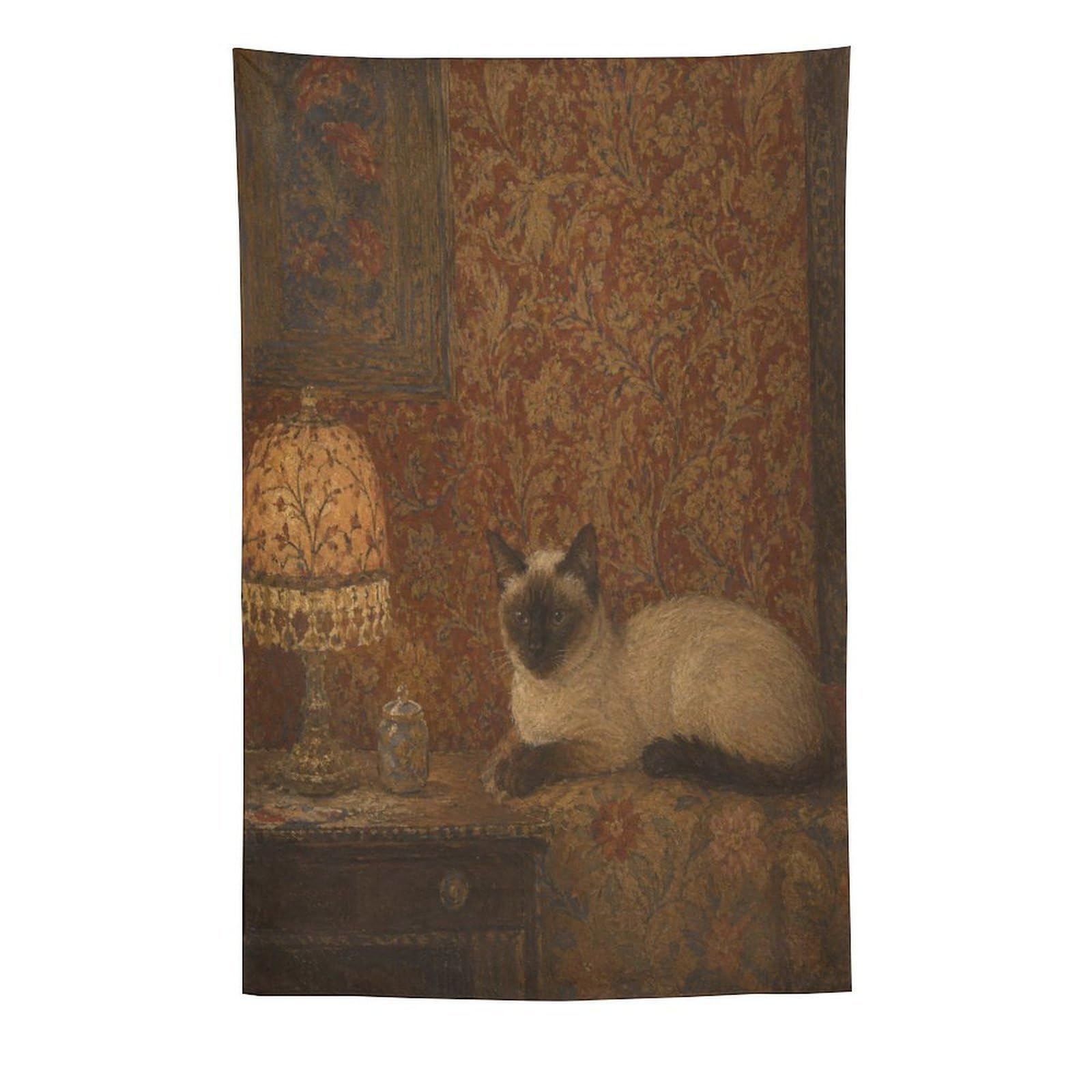 Siamese Cat by Lamp Wall Tapestry, Realistic Illustration, Cozy Pet