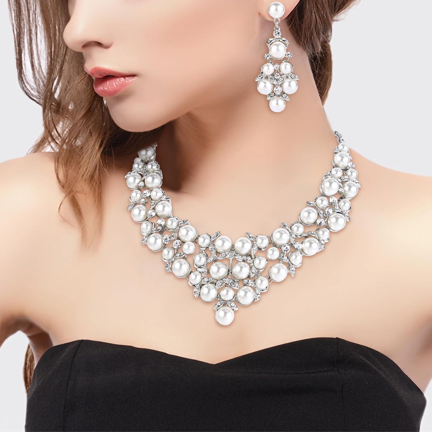 BriLove Women's Wedding Bridal Crystal Cream Simulated Pearl Cluster Statement Necklace Dangle Earrings Set