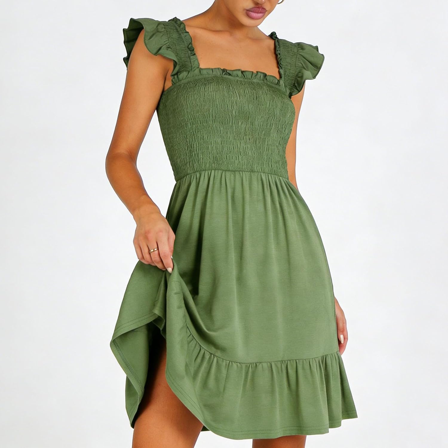 Women Square Neck Smocked Ruffle Dress, Cute Summer Boho Babydoll Tank Dresses Flowy Casual Bohemian Travel Sundress