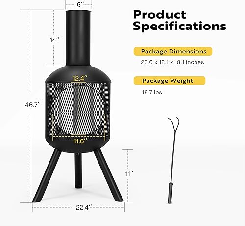 Miniatura 7 de VIVOHOME Chiminea de 46 pulgadas para exteriores, hoguera de madera de acero laminado en frío con diseño de malla, cubierta superior de chimenea y