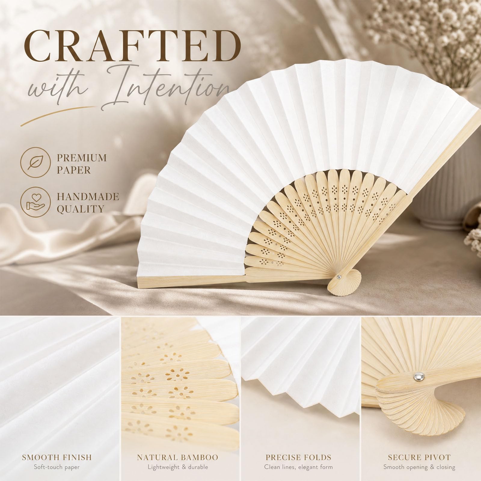 48pcs Eventail Mariage Personalisable Eventail Blanc Pliant de Papier pour Décoration Mariage Anniversaires DIY Party