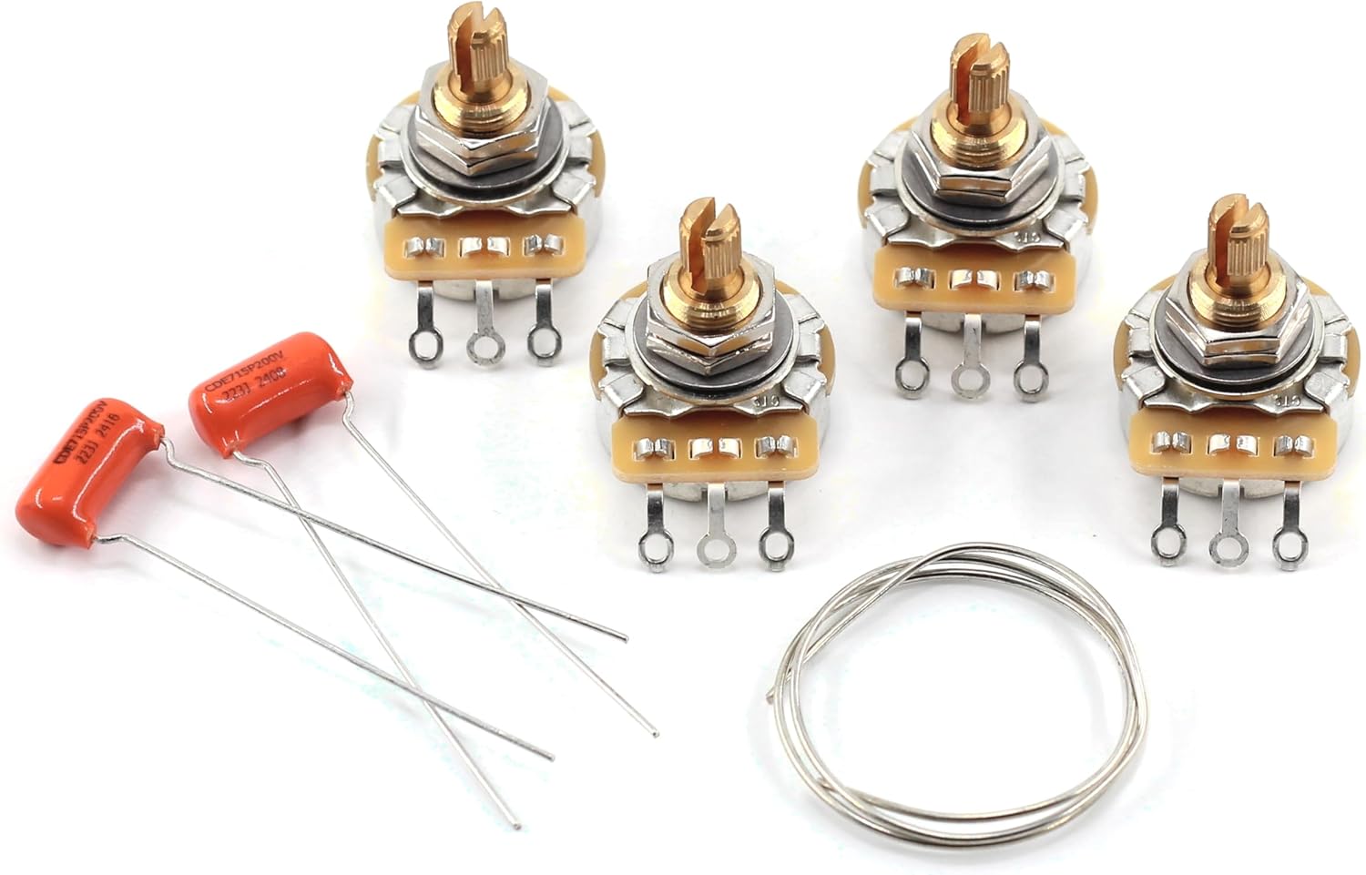 The Art Of Tone Custom CTS 525k Potentiometers - Short Split Shaft (4x) w/ .022uf Orange Drop Capacitors (2x) + 14" Buss Wire