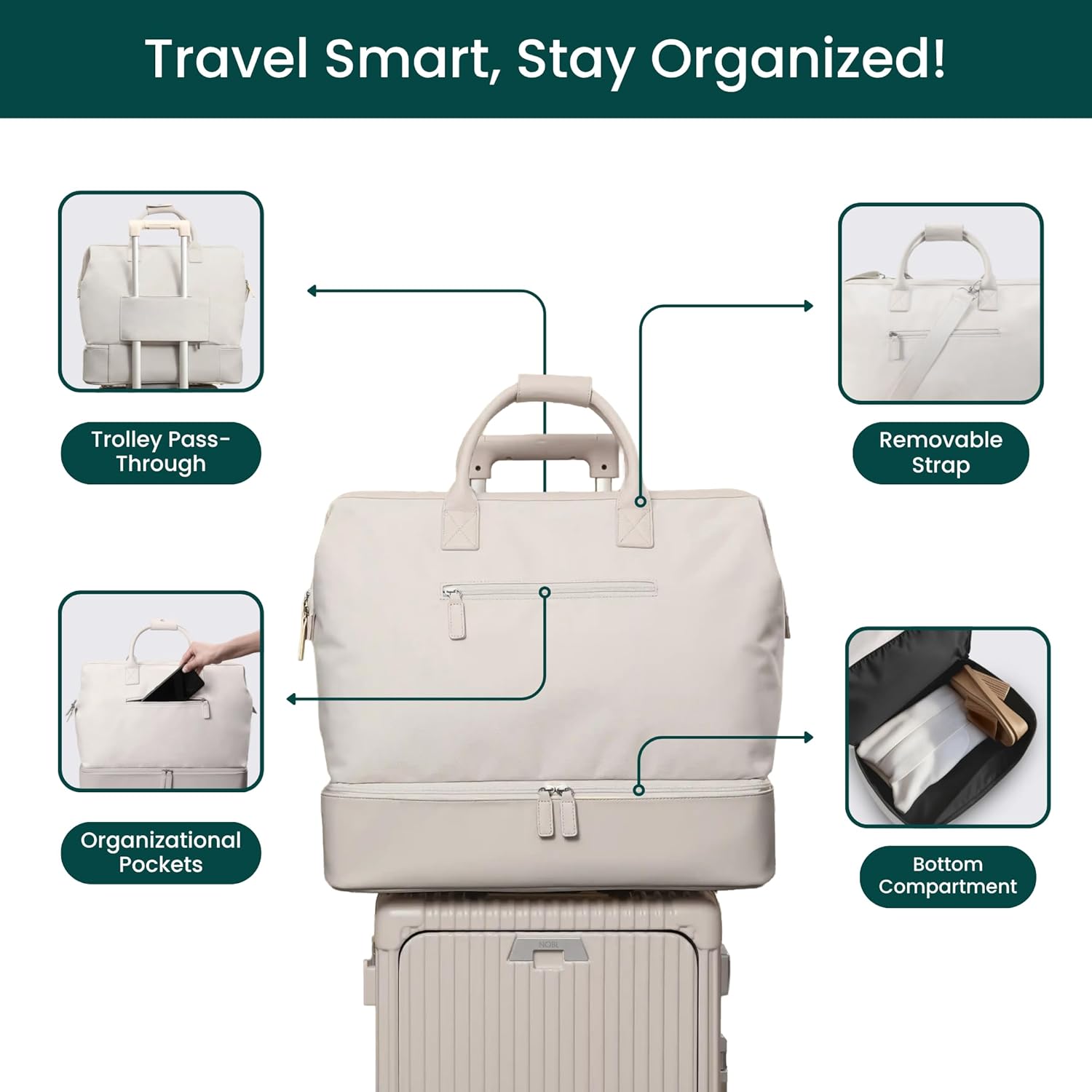 Nobl Travel Weekender Bag for Women & Men, Large Duffel Carry-On Tote with Trolley Sleeve, Separate Shoe Compartment & Laptop Pocket, Leather Overnight Bag for Airplane, Gym, Road Trips - Sand