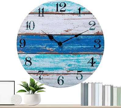 Seaside Wall Clock - Vintage Rustic Coastal Clock Non-Engraved Wall | Vintage Rustic Coastal Blue Wall Beach Wall Clock Sea Wall Clock for Bedroom
