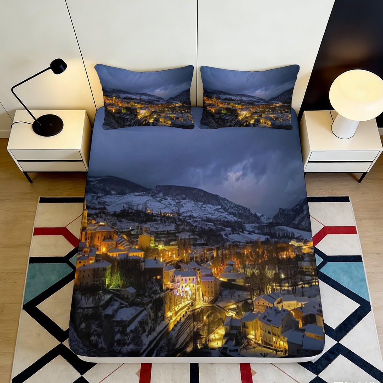 3D Printed Snowy Mountain Nightscape Fitted Sheet Microfiber Winter Village Bed Cover Non-slip Machine Washable Bedroom Decor 200x200x25cm