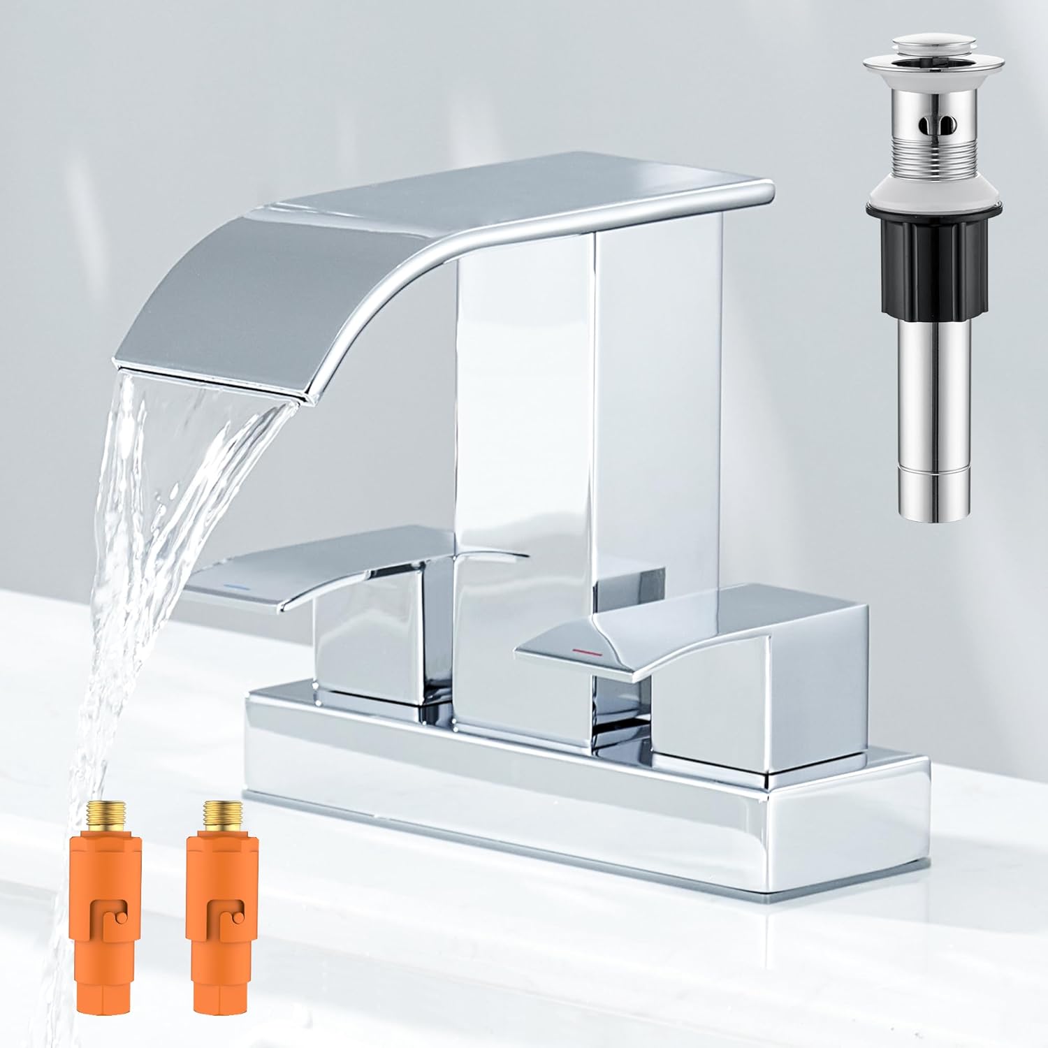 J-HVA Waterfall Bathroom Sink Faucet with 9/16"to 9/16" Under Sink Hose Sediment Water Filters (1 Pair ) - 4 Inch 2 Handles Faucet Lavatory Faucet Vanity Basin Faucets with Pop Up Drain & Supply Lines