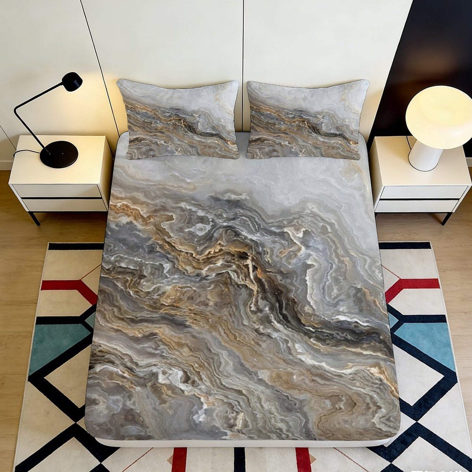 3D Printed Marble Pattern Fitted Sheet Microfiber Soft Durable Swirl Design Bed Cover for Bedroom Guest Room Dormitory Mattress Protection 160x200x25cm