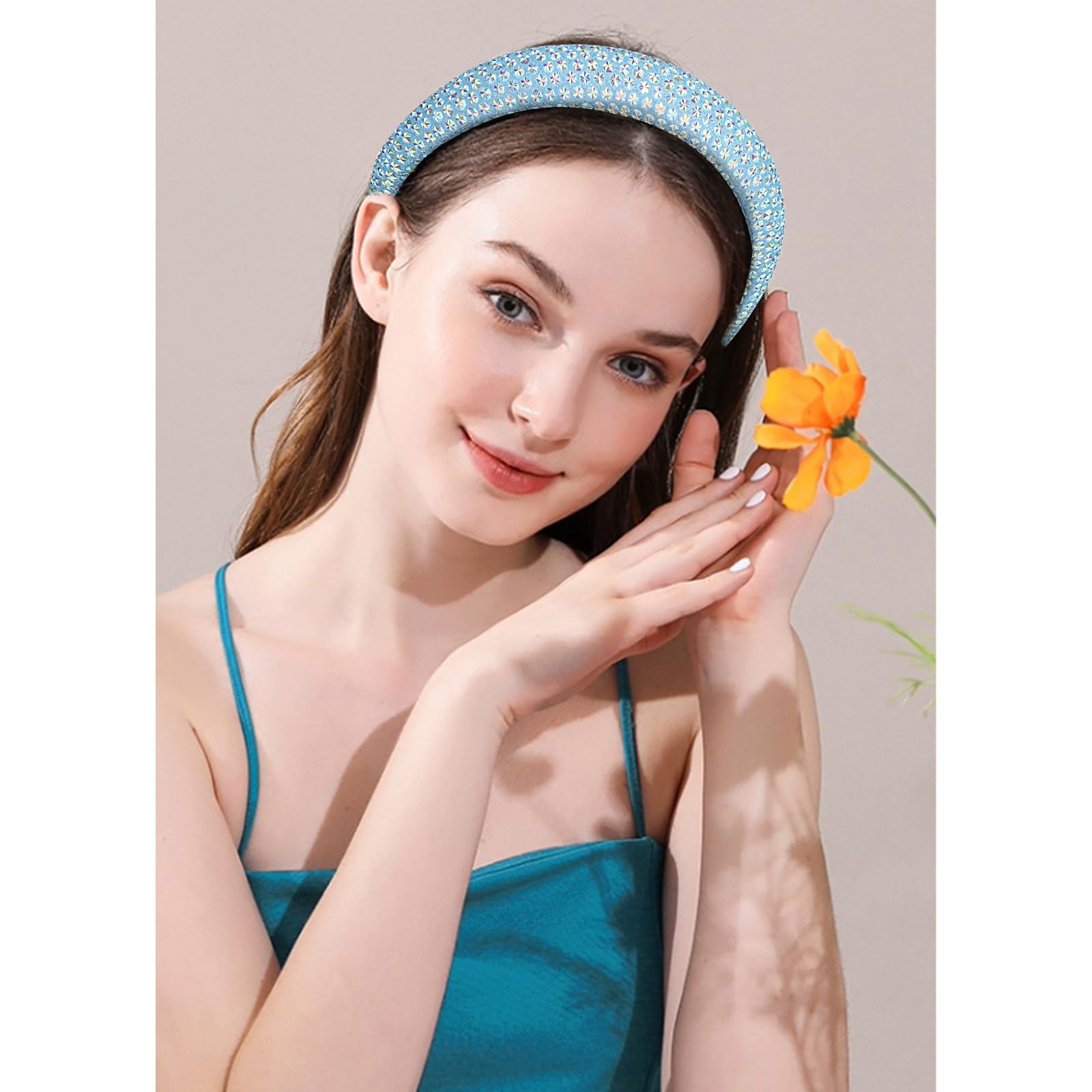 CAVETEE Fascia per capelli da donna, con strass, luccicante, per donne e ragazze, larga, antiscivolo, blu, accessorio per capelli per donne e ragazze
