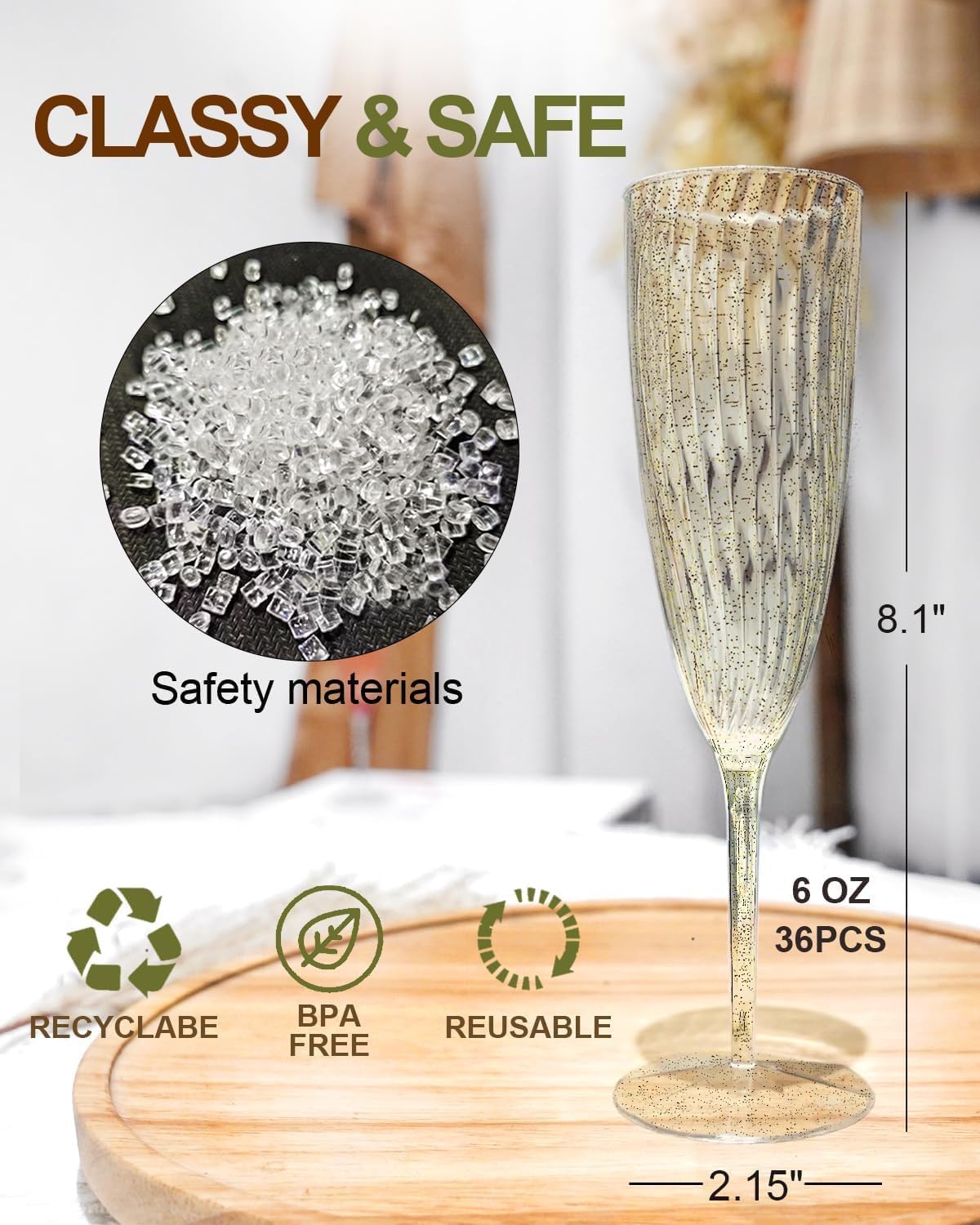 Plastic Champagne Flutes, 36 PCS Gold Glitter Disposable Wine Glasses Reusable Plastic Cocktail Cups for Home Daily Life Party Birthday Wedding Toasting Drinking Champagne(6 oz) - Image 4