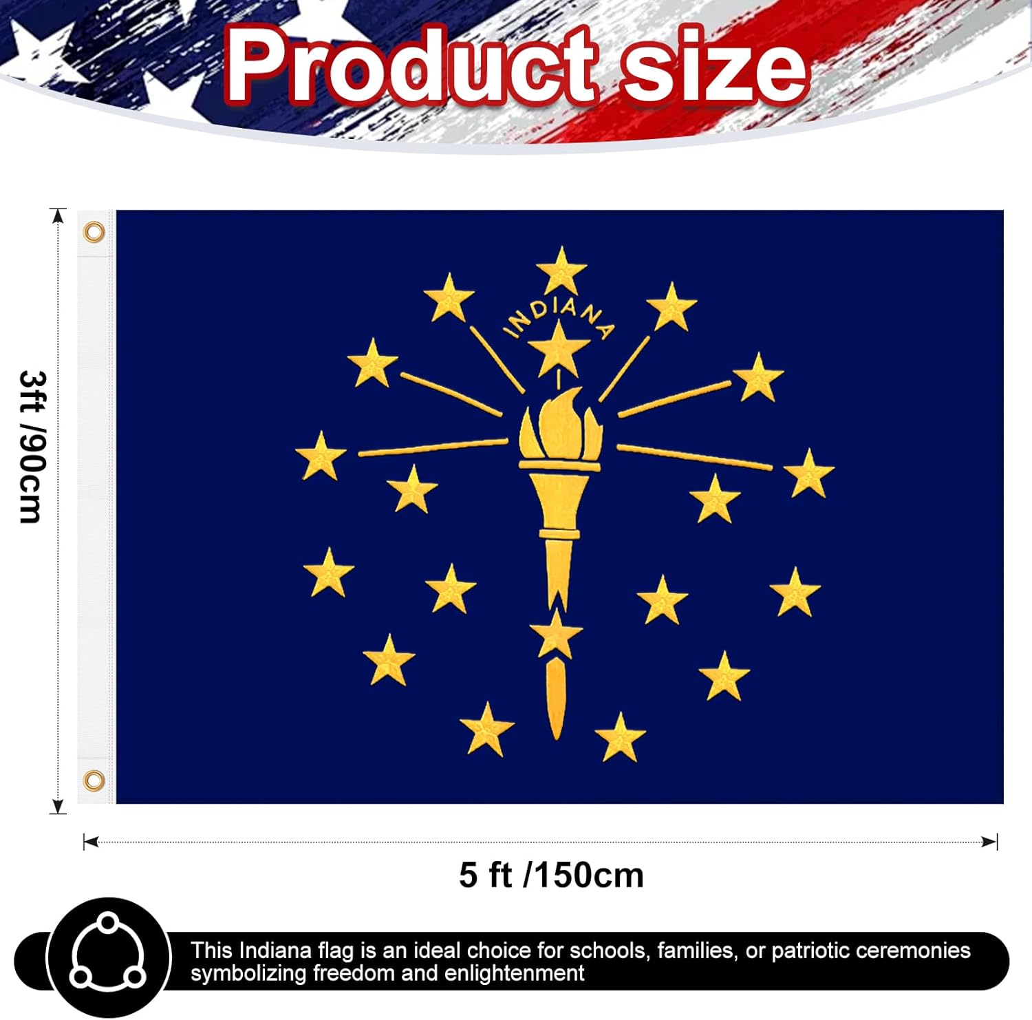 Indiana Flag 3x5 FT Heavy Duty Outdoor, Fully Embroidered Torch and 19 Stars with “INDIANA” Lettering | 210D Fabric | Brass Grommets and 4 Stitch Hemming | State of Indiana IN Flags for House Garden - Image 2