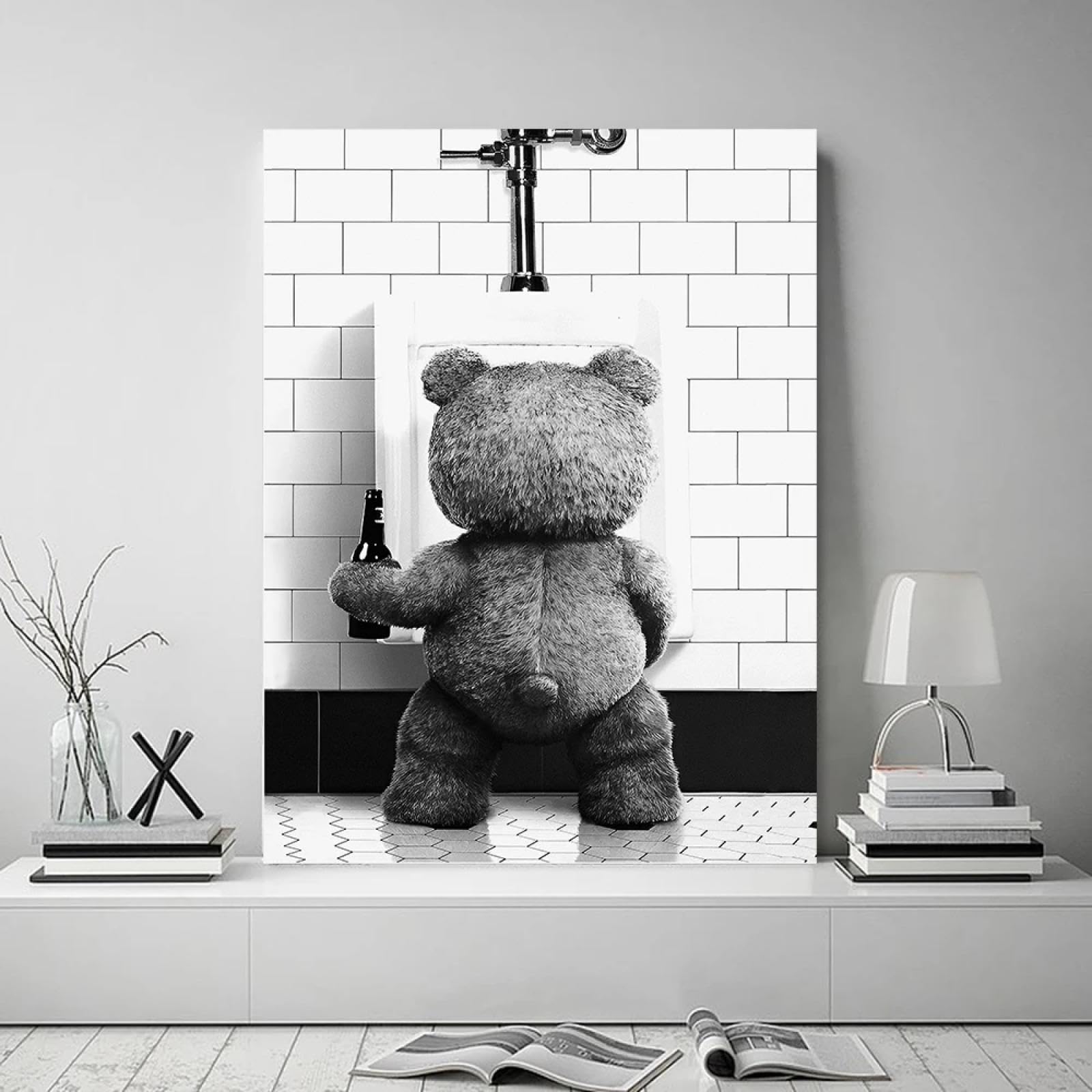 Jacbon Frameless Grumpy Bear Drinking Beer Peeing To The Toilet Canvas Poster Abstract Wall Art Print Vintage Pictures For Room Home Decor 50X70cm