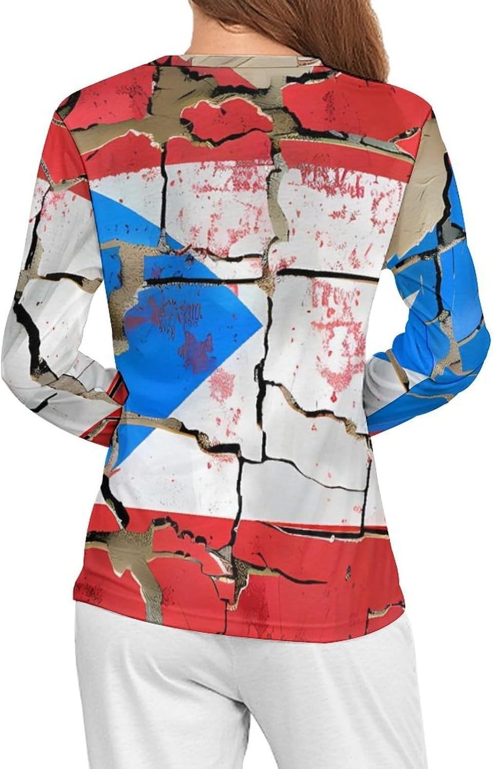 Cracked Wall P.R. State Flag Women's Pajama Top Sleepwear Pajamas Sleep T-Shirt Long Sleeve Shirt Crewneck Tee