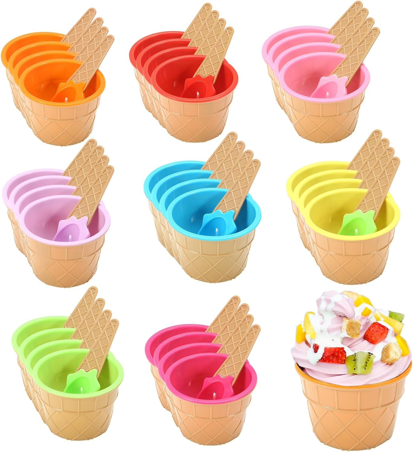 32 Pack Ice Cream Bowls, Cartoon Candy Color Ice Sundae Cups with Spoon. Multi-Color Reusable, Perfect for Summer Ice Cream Events and Gift Bags