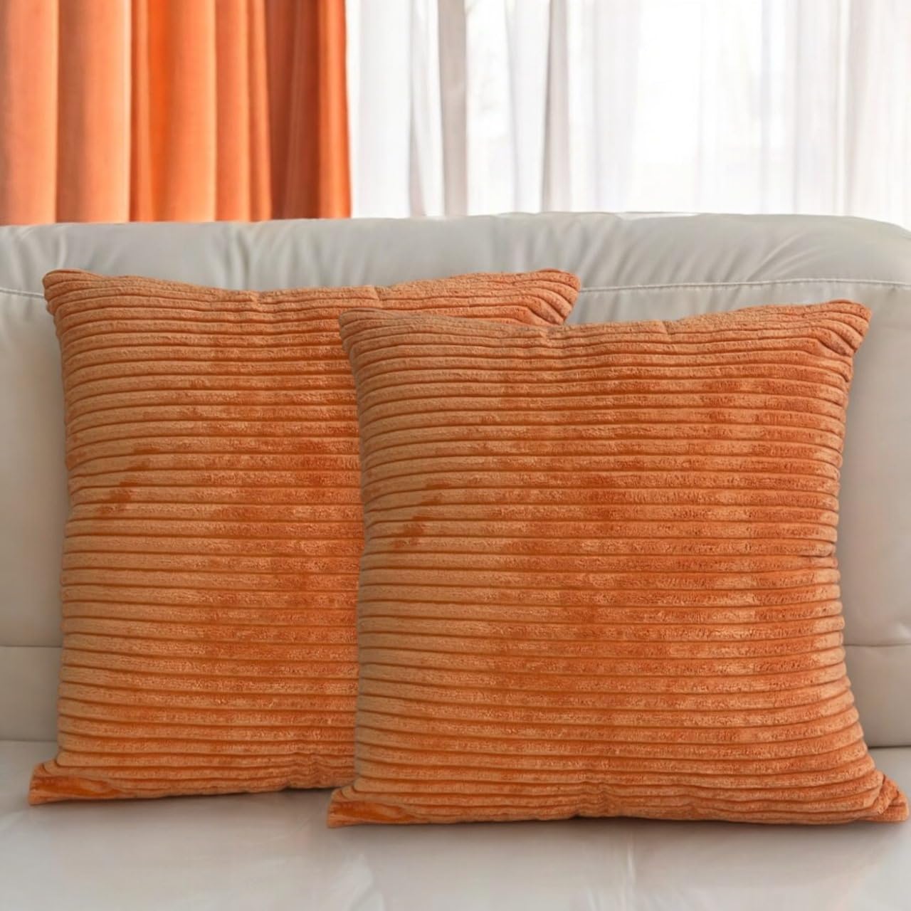 Seechoo Corduroy Cushion Covers, Set of 4, 40 x 40 cm, Plain Soft Striped, Assorted Colours (Orange), 40 x 40 cm (Pack of 4) - Image 3