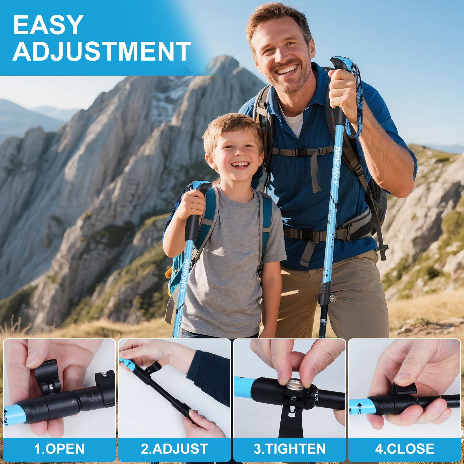 Ninonly Bâton de Marche Télescopique Carbone, Bâtons de Randonnée Nordique pour Hommes & Femmes, Ultralégers avec Poignée EVA et 3 Pointes, 150kg pour Trekking et Sports de Montagne