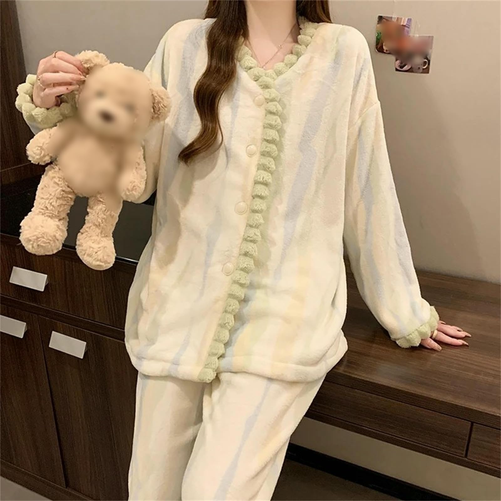Pigiama da Donna in Pile Corallo, Set di Abbigliamento Casa Caldo E Addensato per L'autunno l'inverno -Verde-l