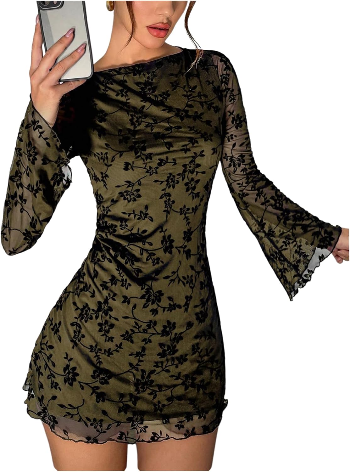 SOLY HUX Women's Floral Sexy Mesh Mini Dress Bell Long Sleeve Bodycon Going Out Dresses