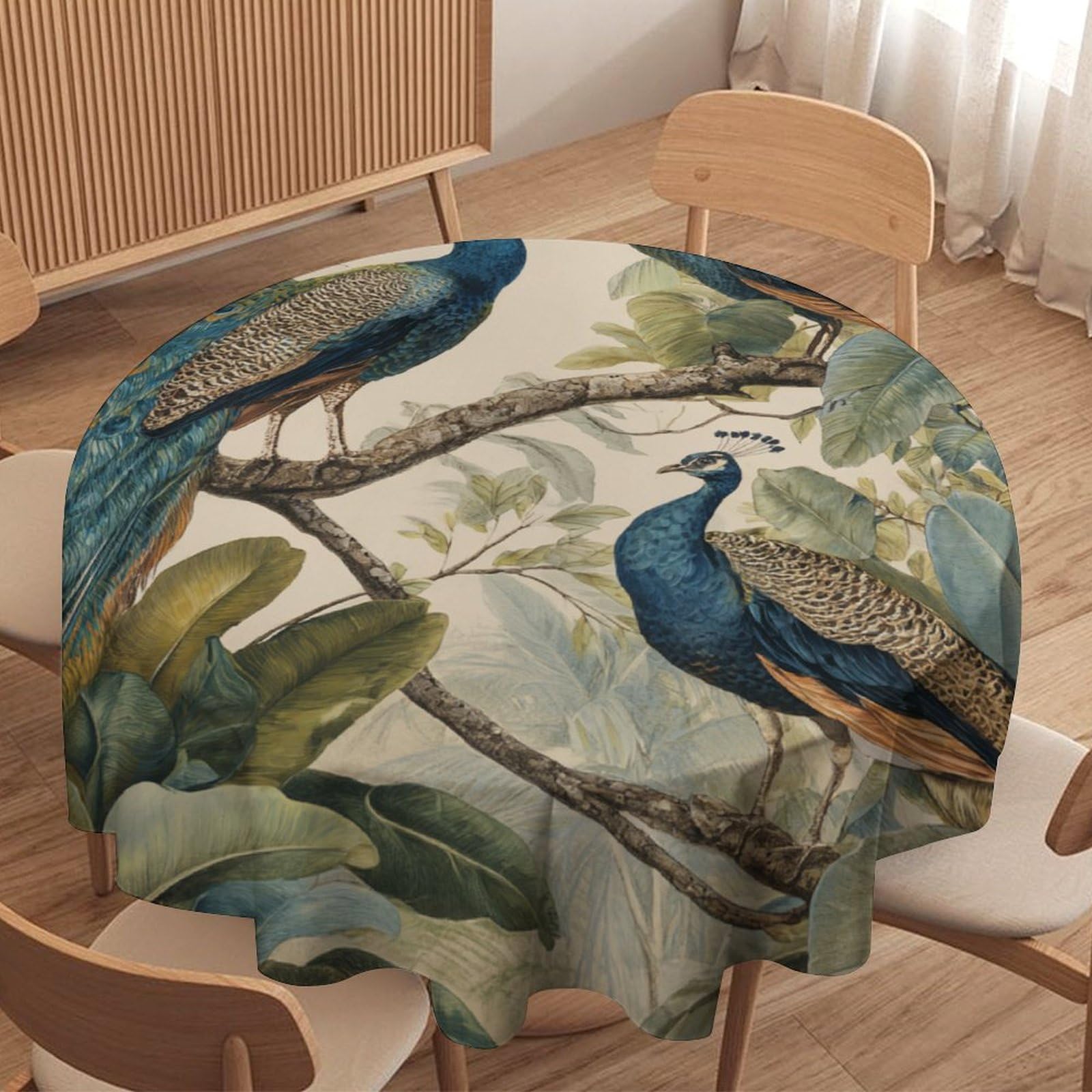 LUYYSKY Antique Realistic Birds Peacocks Round Tablecloth Oil Painting Aesthetic Botanical Branch Animals Peacocks Pattern Washable Decor for Table Cover for Kitchen-91.4" Wx91.4 L cm