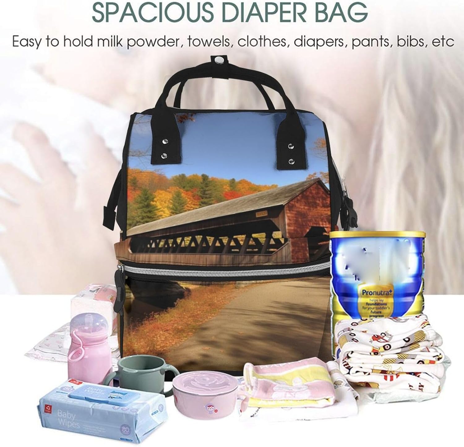 Albany Covered Bridge Diaper Bag Backpack for Women Multifunction Waterproof Mummy Backpacks for Mom Dad, Large Capacity Nappy Bag with Changing Pad Casual Daypack Travel Bags