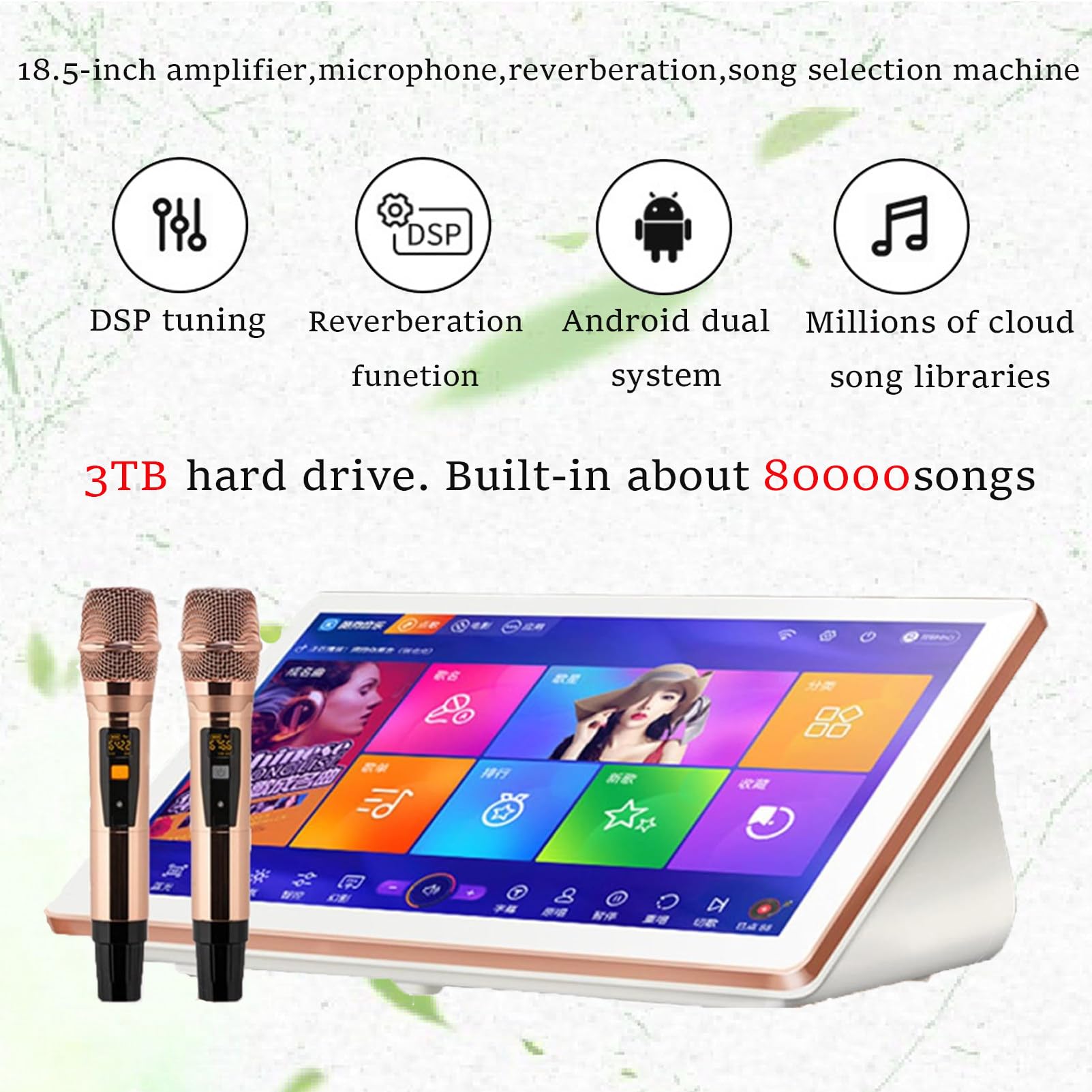 Lettore Karaoke, Aggiornamento Cloud Songs, Macchina con Microfono Wireless, Touch Screen da 18,5 Pollici, Telecomando E Controllo App Karaoke 3TB-White