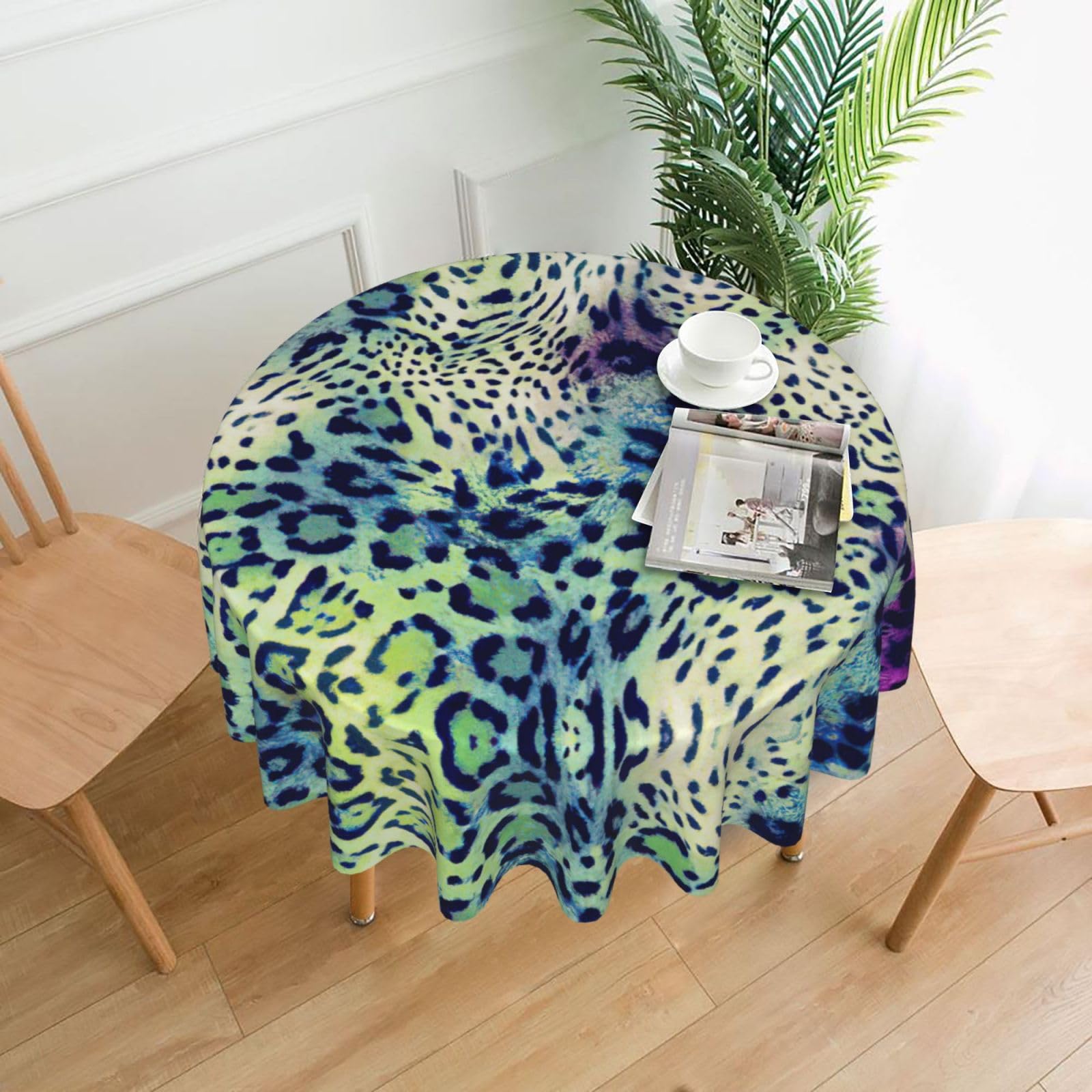 Uusnwaa Green Leopard Print Round Tablecloth 60 Inch, Stain Wrinkle Resistant Washable Polyester Table Cover For Kitchen Party