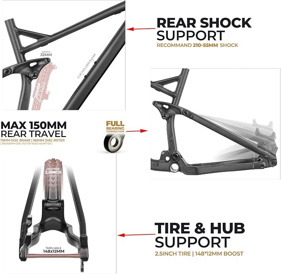 Downhill Suspension Frame 27.5er 29er Mountain Bike Frame 17/19 Disc Brake Thru Axle Boost MTB Frame XC/DH, with Rear Shock Color: Blue, Size: 27.5x17''