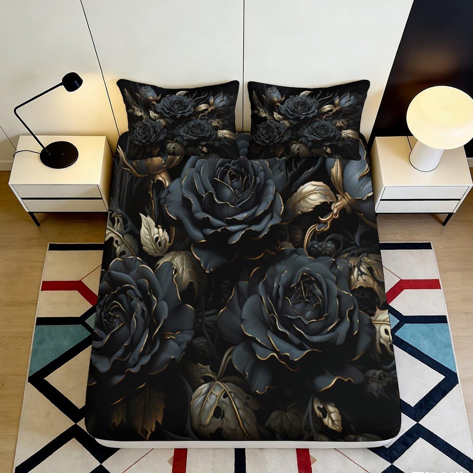 3D Printed Black Rose Fitted Sheet Microfiber soft touch, wrinkle resistant, stylish room accent for master bedroom, apartment bedding 90x200x25cm