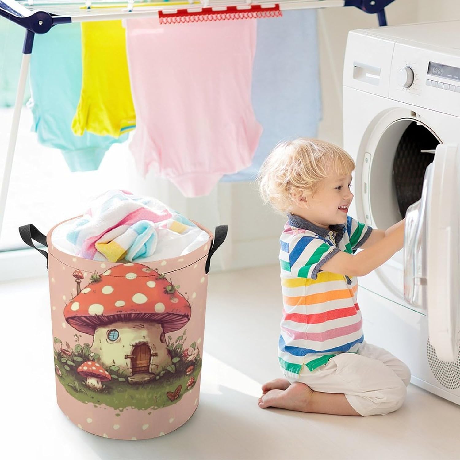 Cute Mushroom House Laundry Basket Collapsible Clothes Hamper with Reinforced Handles Large Capacity Waterproof Laundry Bag Freestanding Laundry Hamper for Bedroom Bathroom