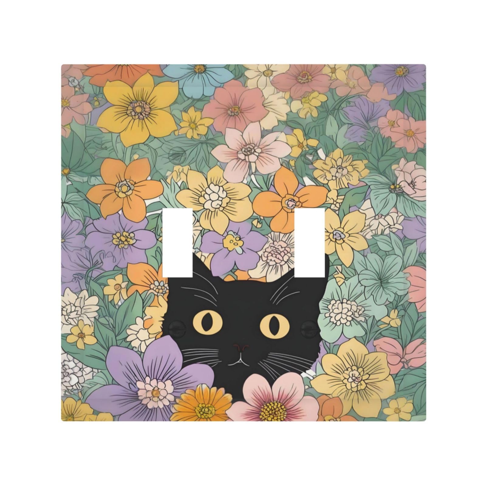 Donecmminery Decorative Switch Plates Funny Cute Cartoon Cat Floral Colorful Flower 2 Gang Double Toggle Outlet Light Switch Cover Wall Plate Electrical Faceplate For Kids Room Nursery Decor