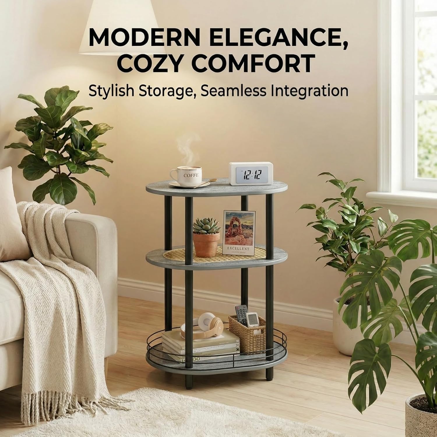 3 Tier Round Side Table with Storage, Oval End Table with Rattan Shelf & Metal Basket - Boho Nightstand, Accent Table, Tool Free Assembly & Screw-Hole Free Tabletop for Living Room Bedroom-Grey